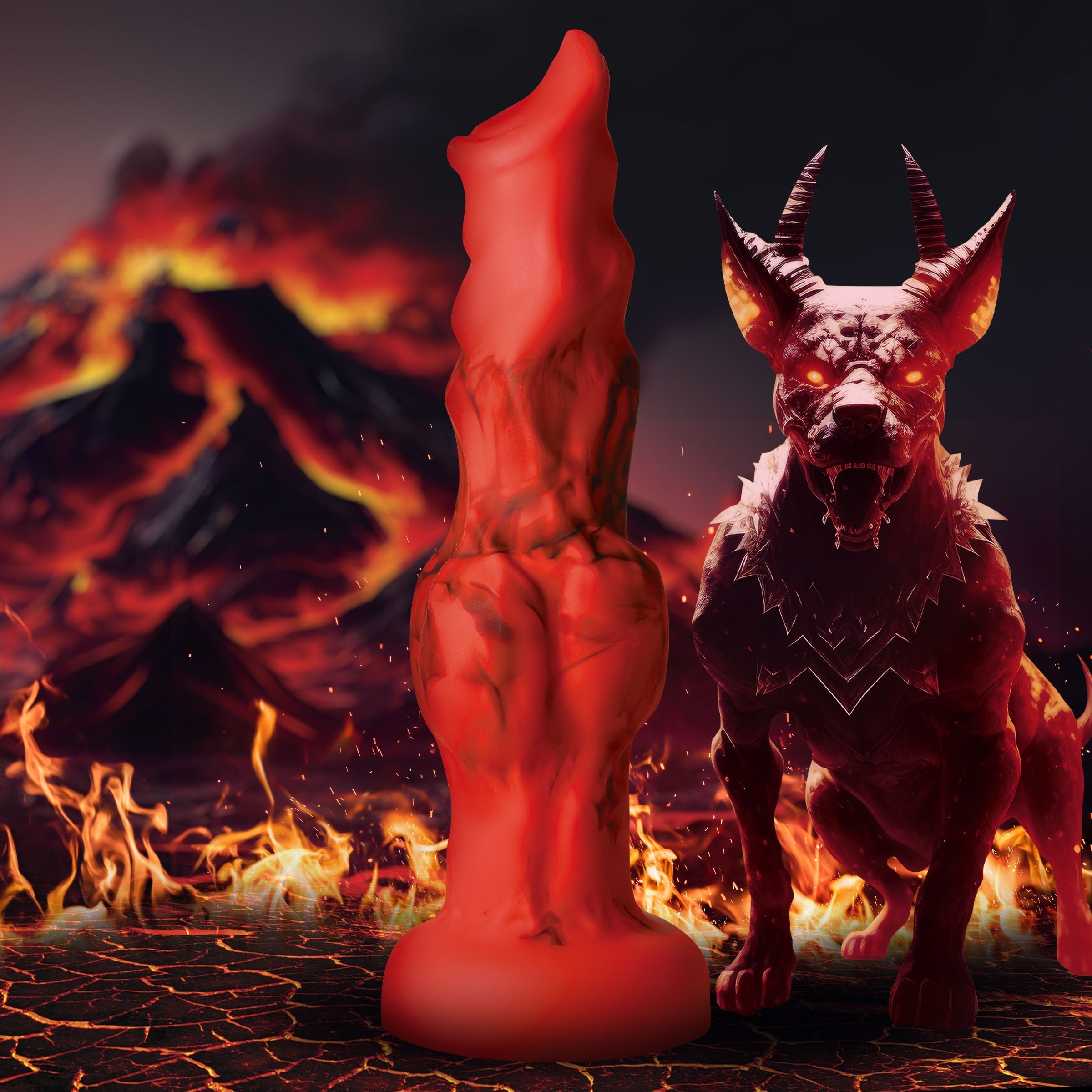 Fire Hound Silicone Dildo featuring a devilish appearance with a pronounced head and tail