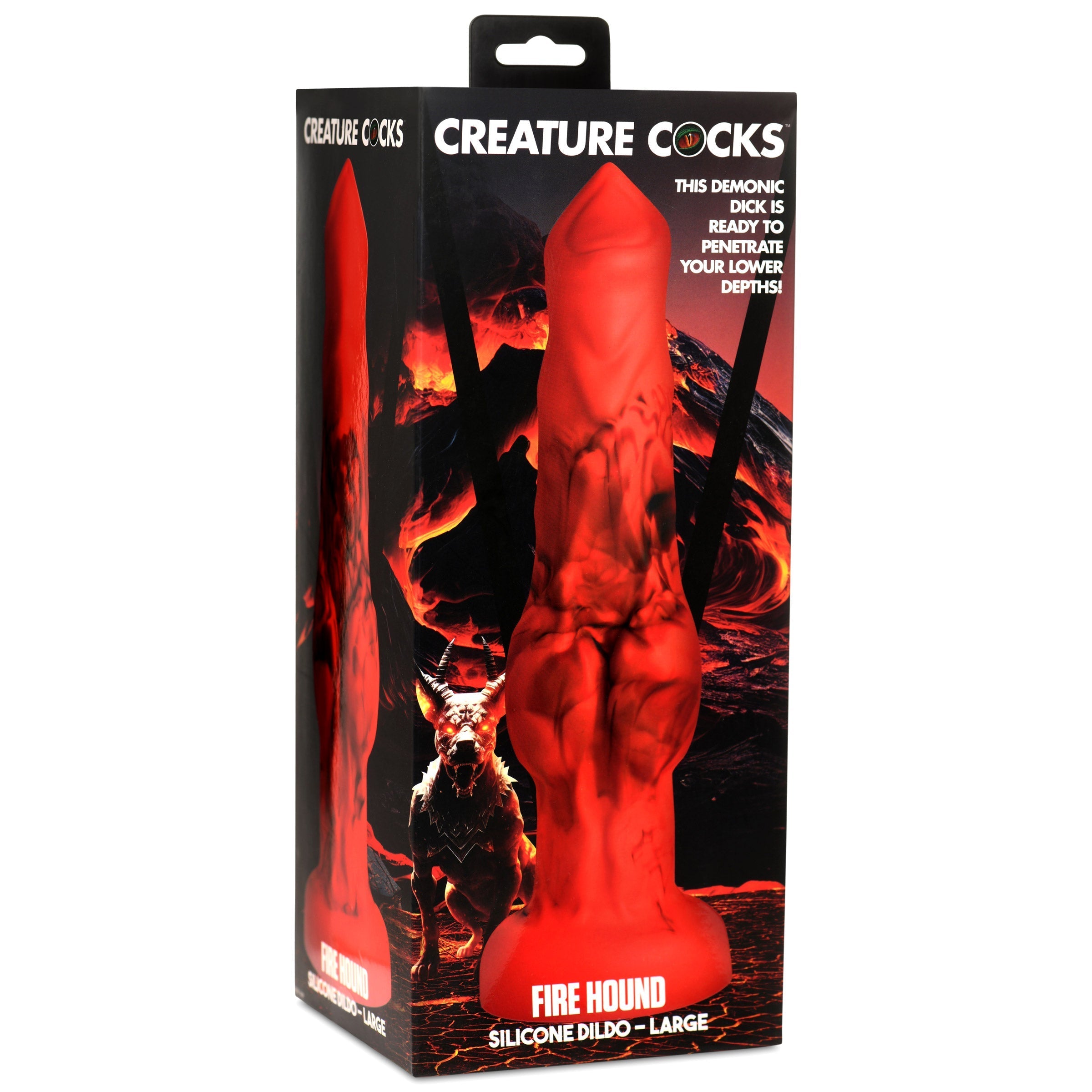 Red silicone Fire Hound dildo with textured design