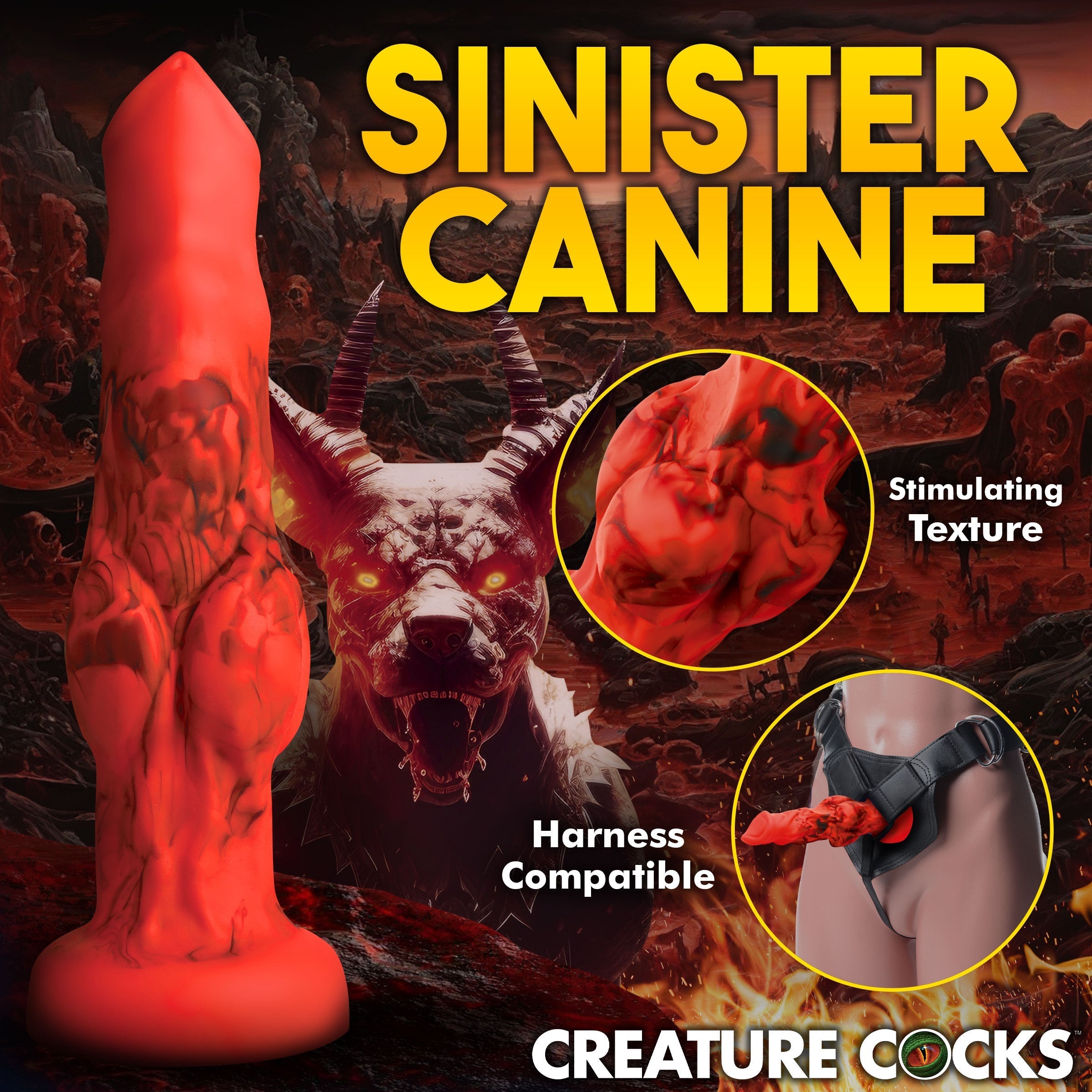 Red silicone dildo with a demon motif from Fire Hound