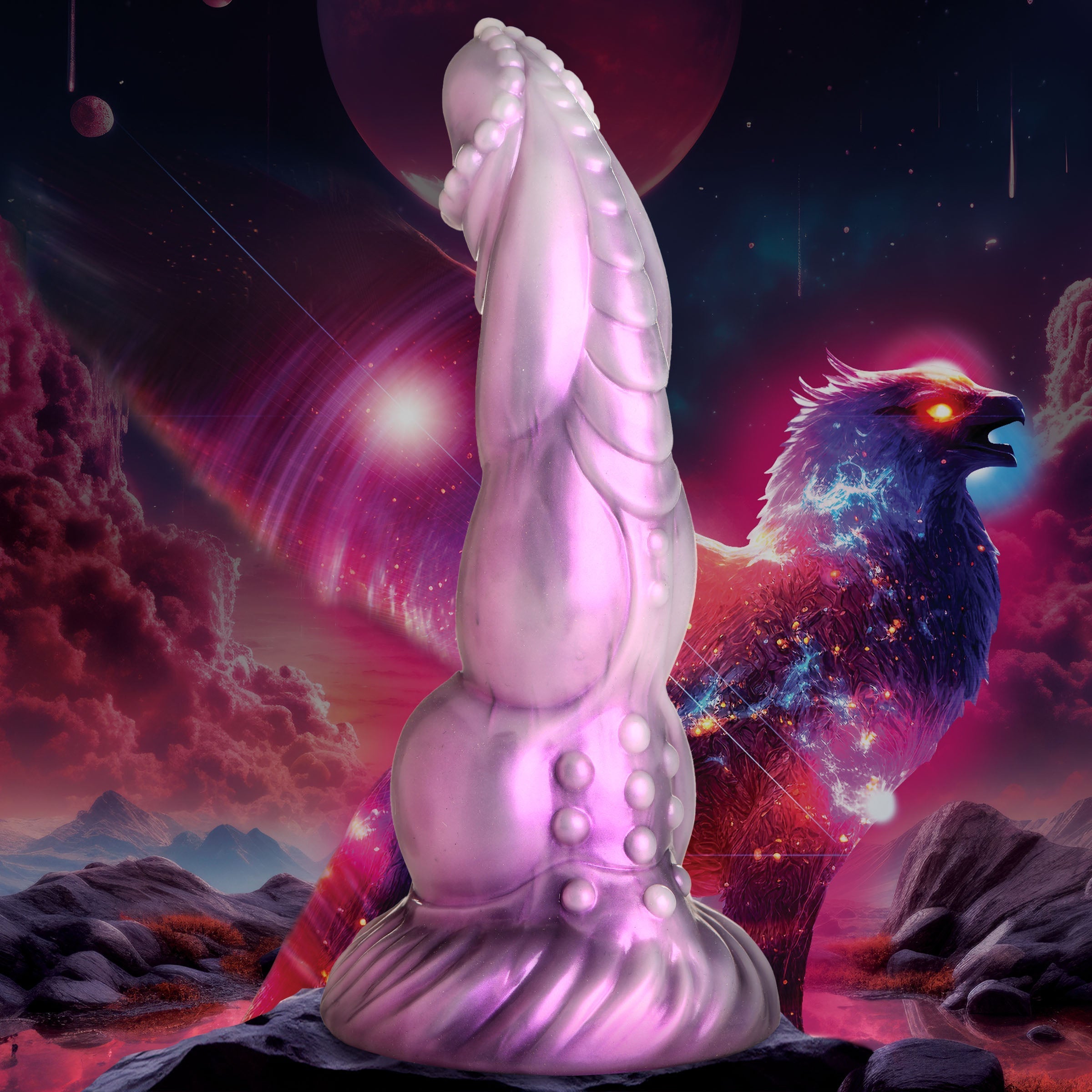 Purple and pink Celestial Cock Silicone Dildo with bird detailing