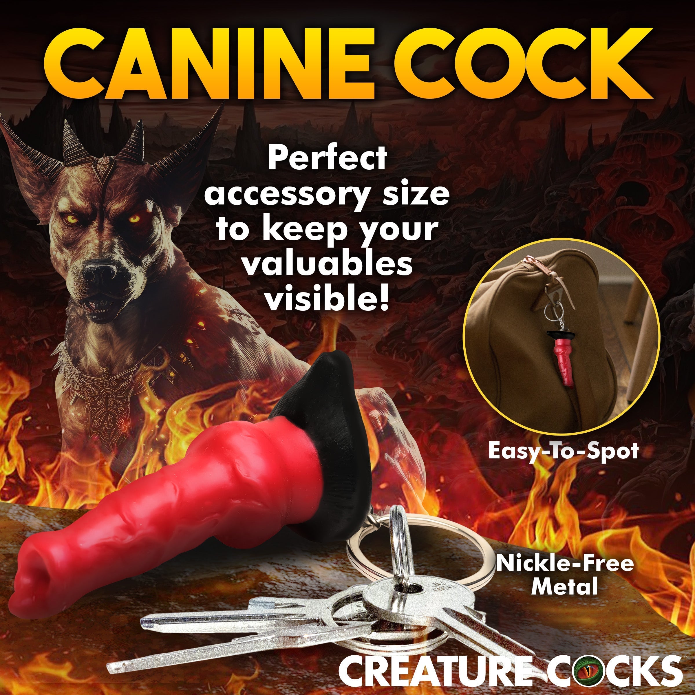 Hell hound mini dildo keychain attached to a leash