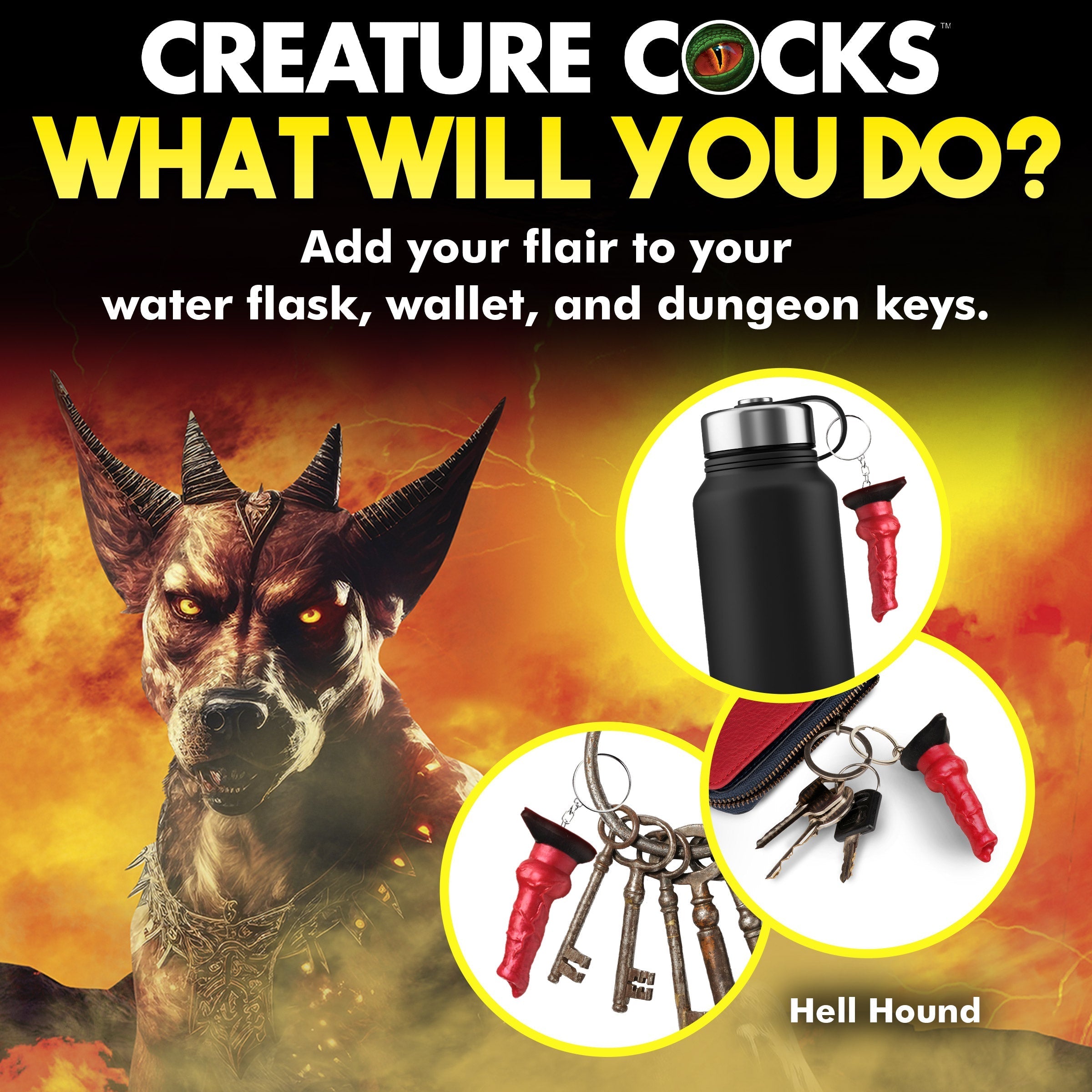 Promotional poster featuring hell hound dildo keychain