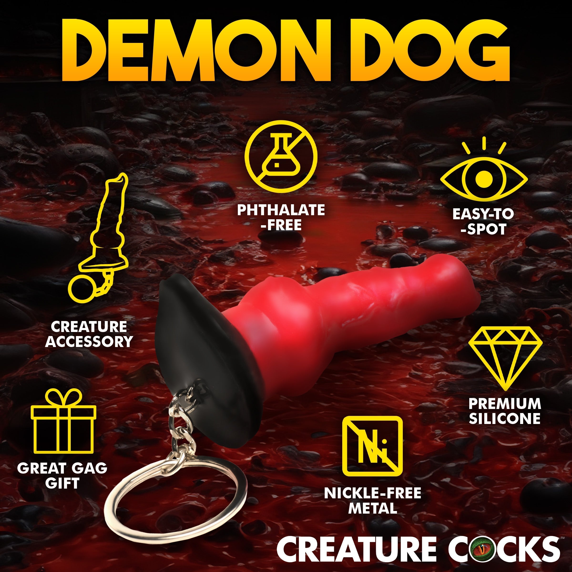 Miniature hell hound dildo keychain in detail