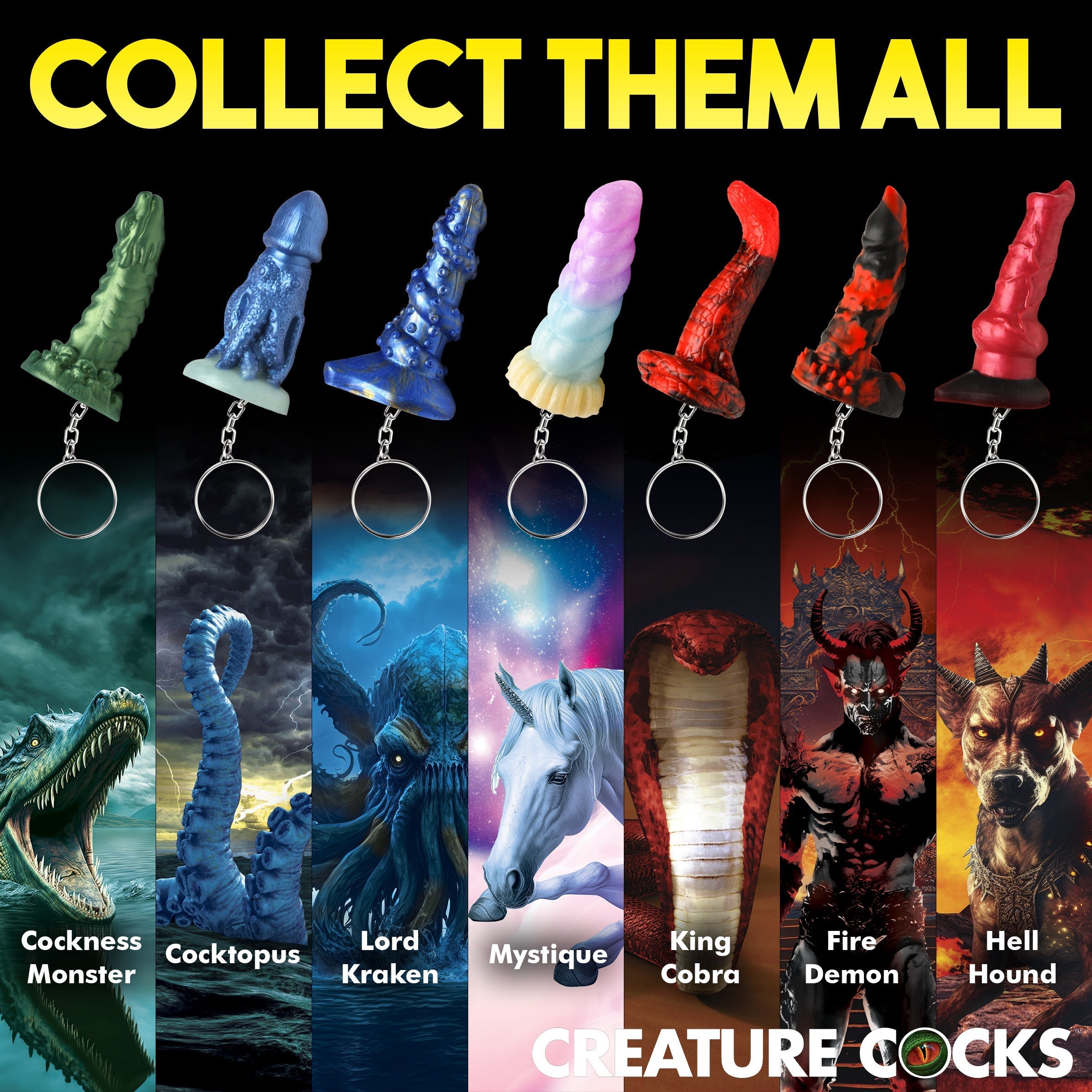 Assortment of keychains including the hell hound mini dildo design