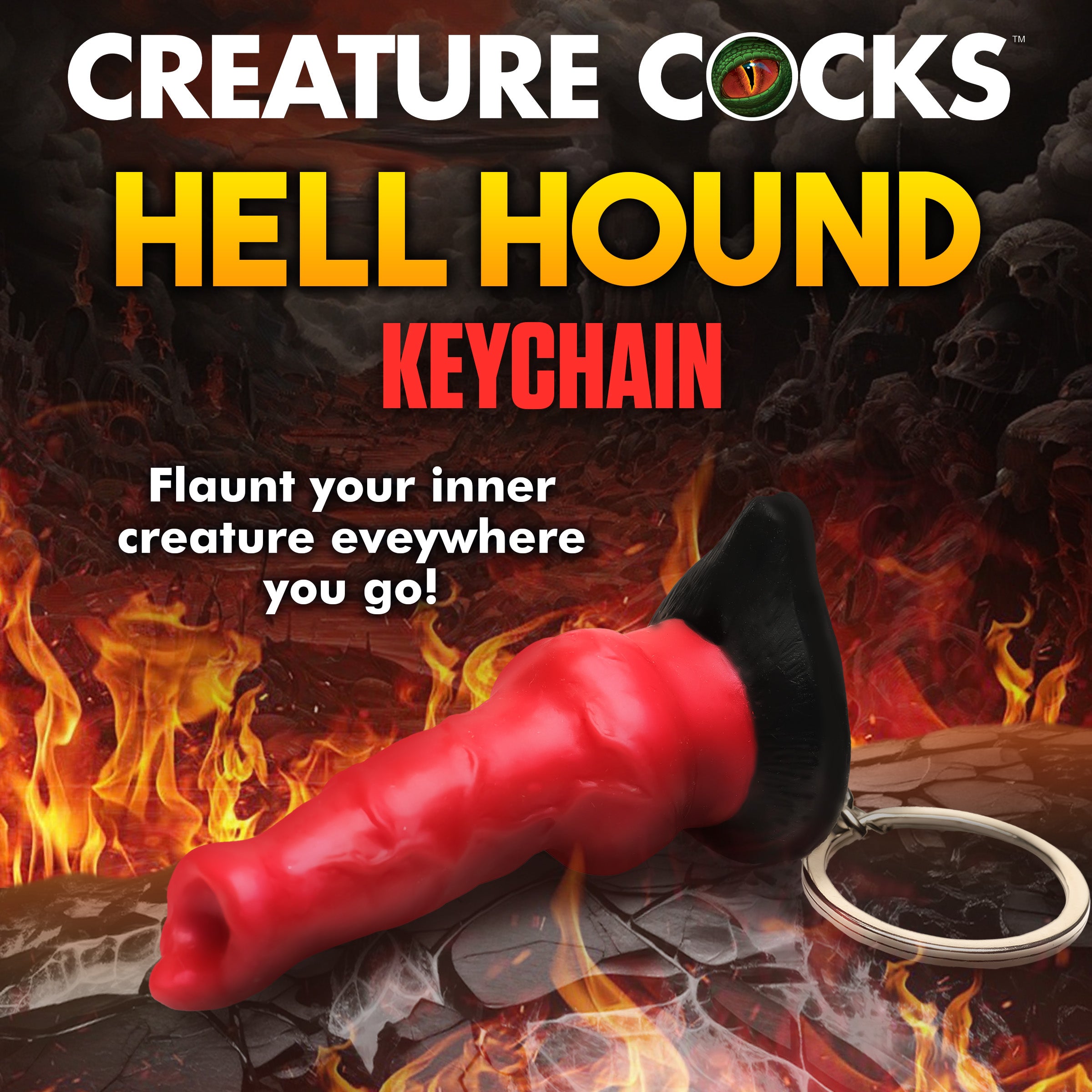 Red hell hound dildo keychain with Creature Cocks branding