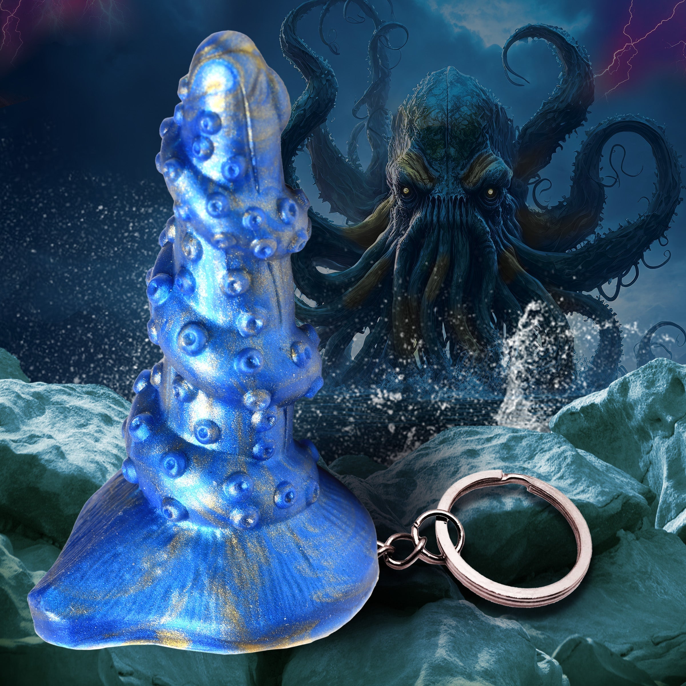 Keychain featuring a blue octopus-shaped mini dildo for discreet carry