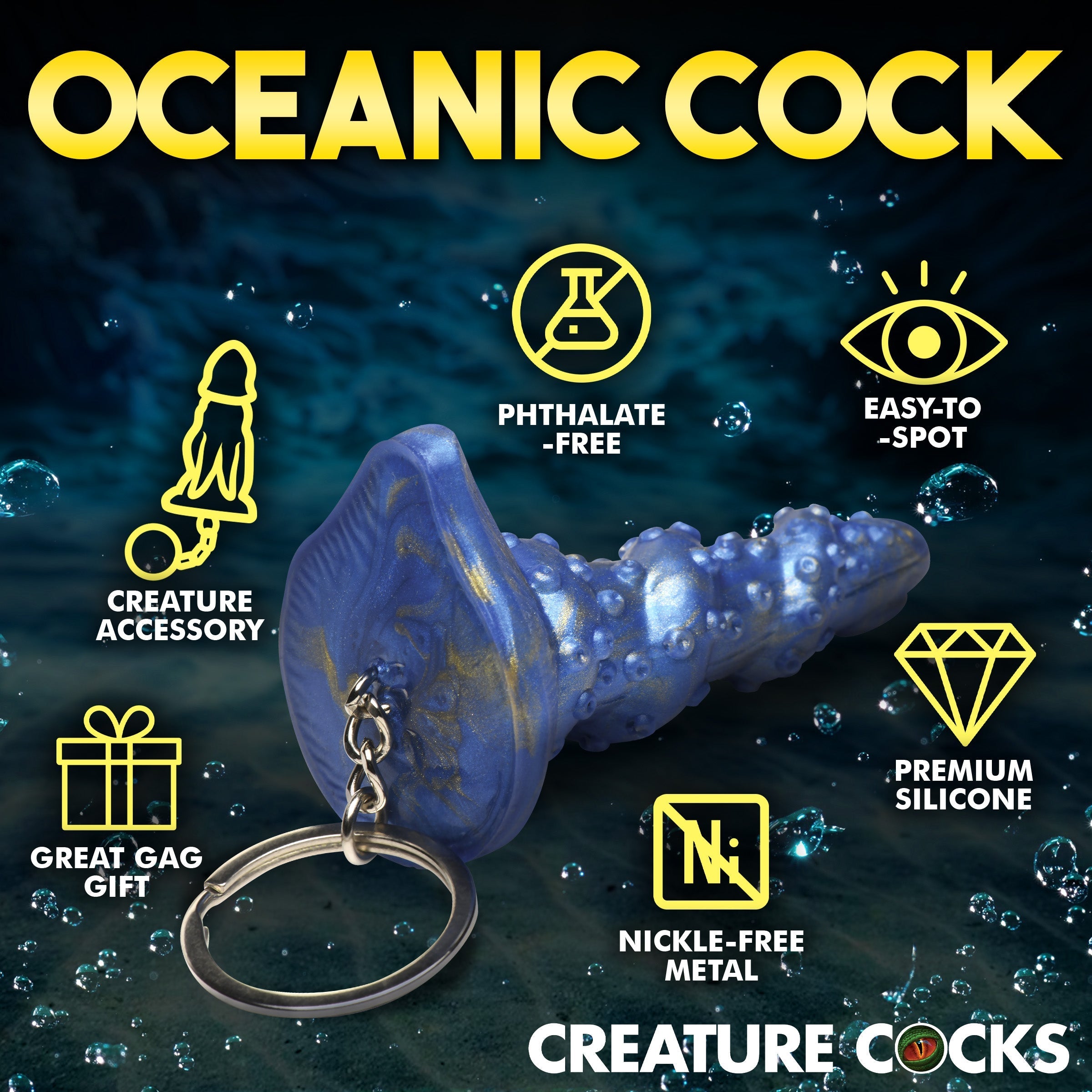 Stylish ocean-themed cock keychain featuring blue and white colors