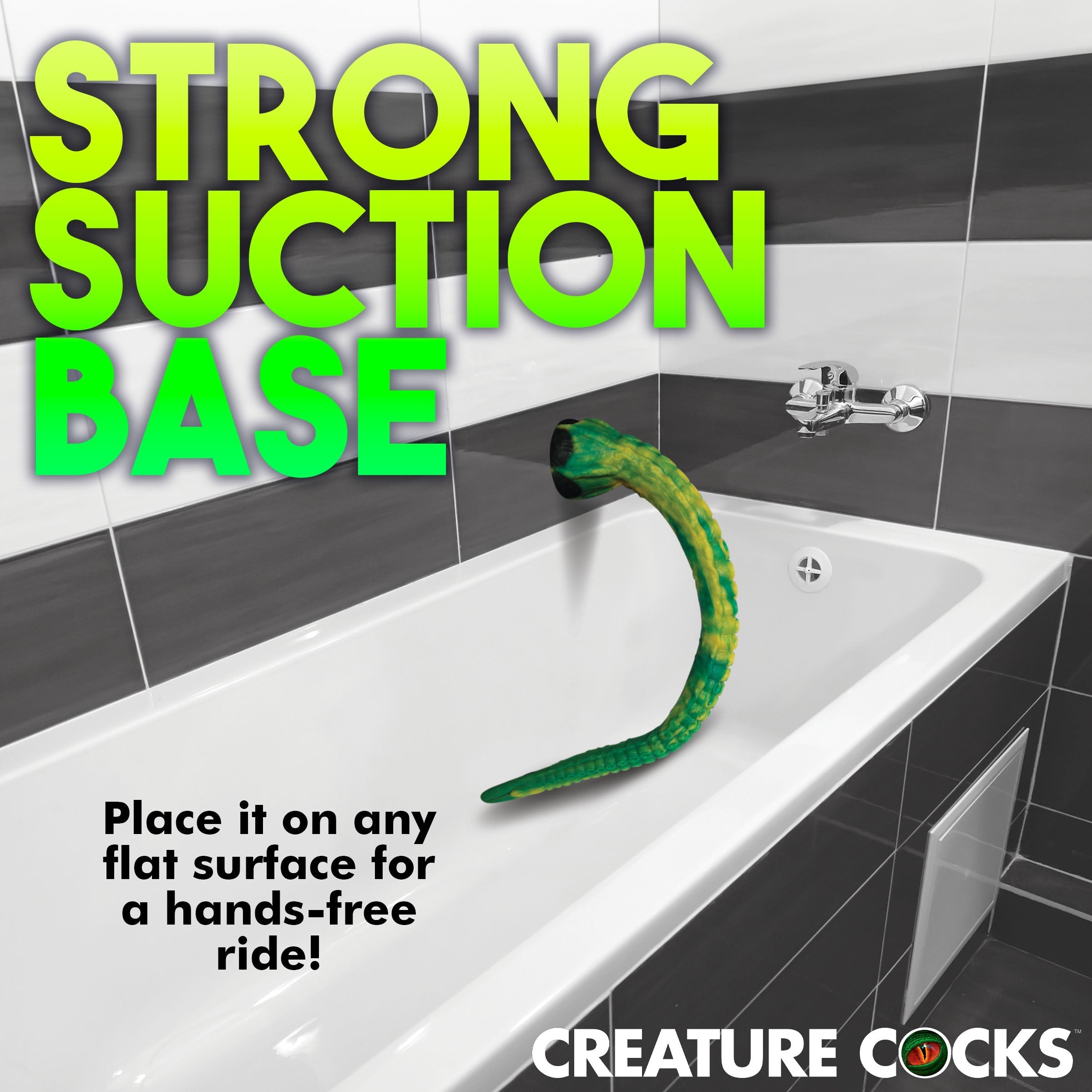 Extra long silicone dildo with a green and yellow tentacle design