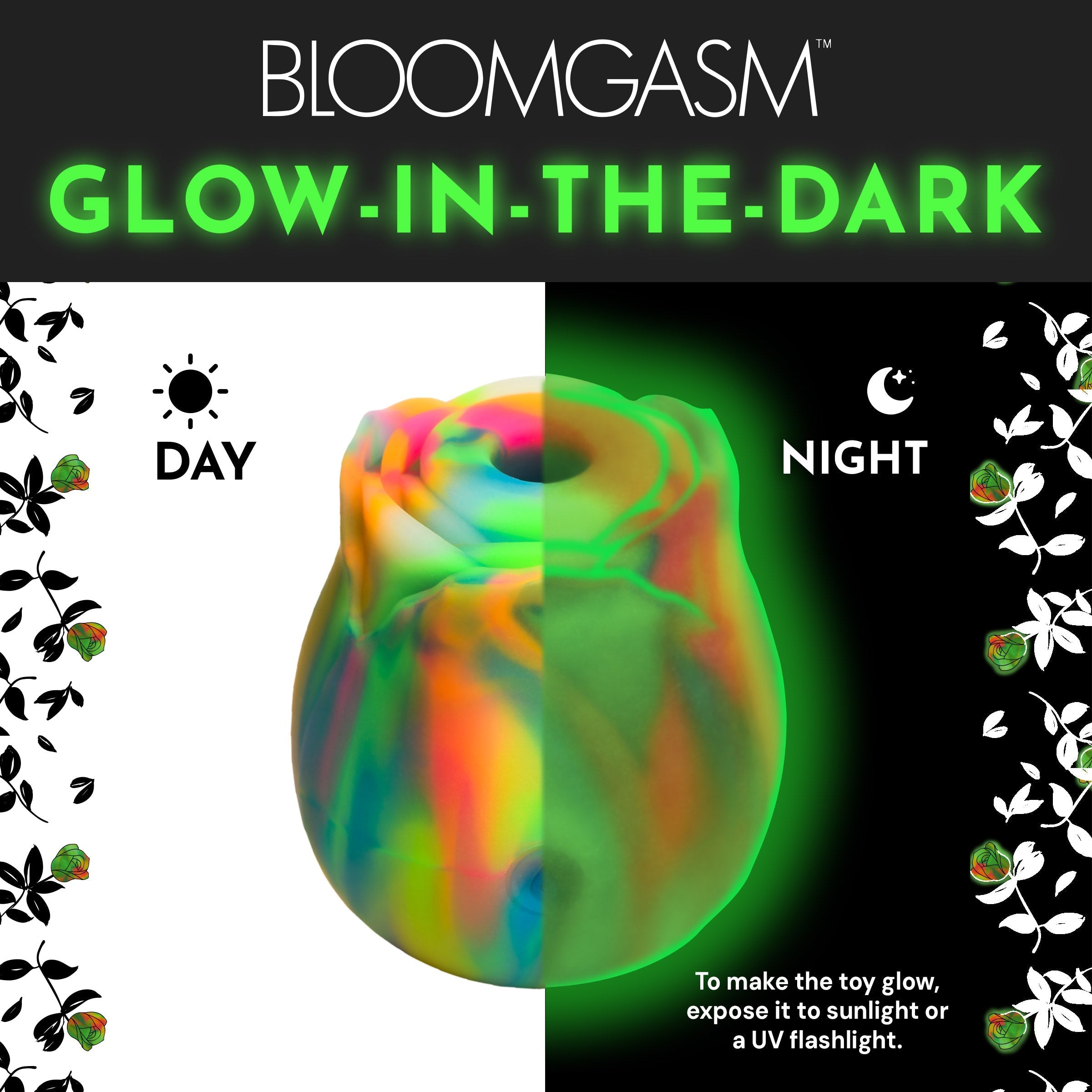 Advertisement showcasing the Glow Rose stimulator's luminescence