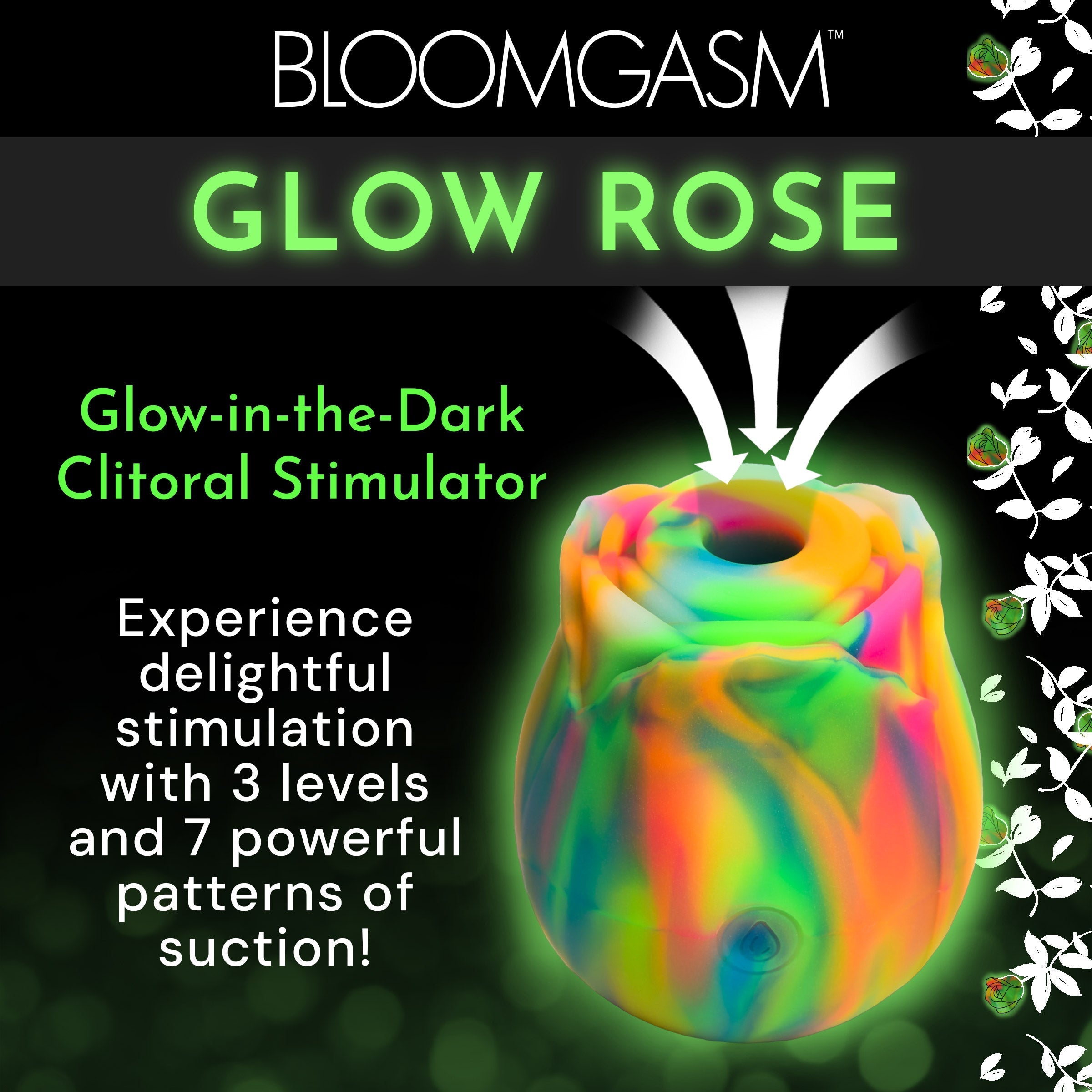 Colorful Glow Rose clitoral stimulator illuminated in the dark