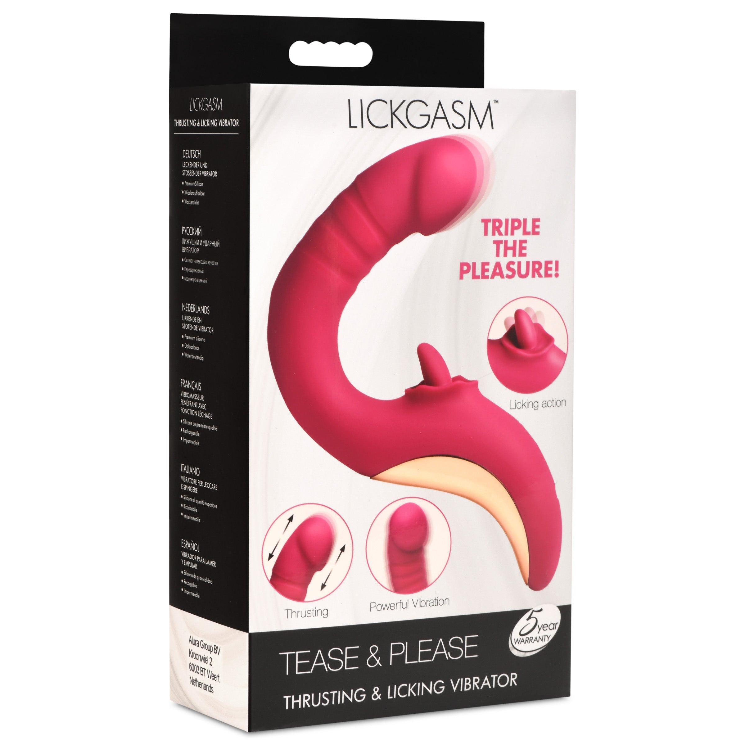 Tease And Please Thrusting And Licking Vibrator in its packaging box