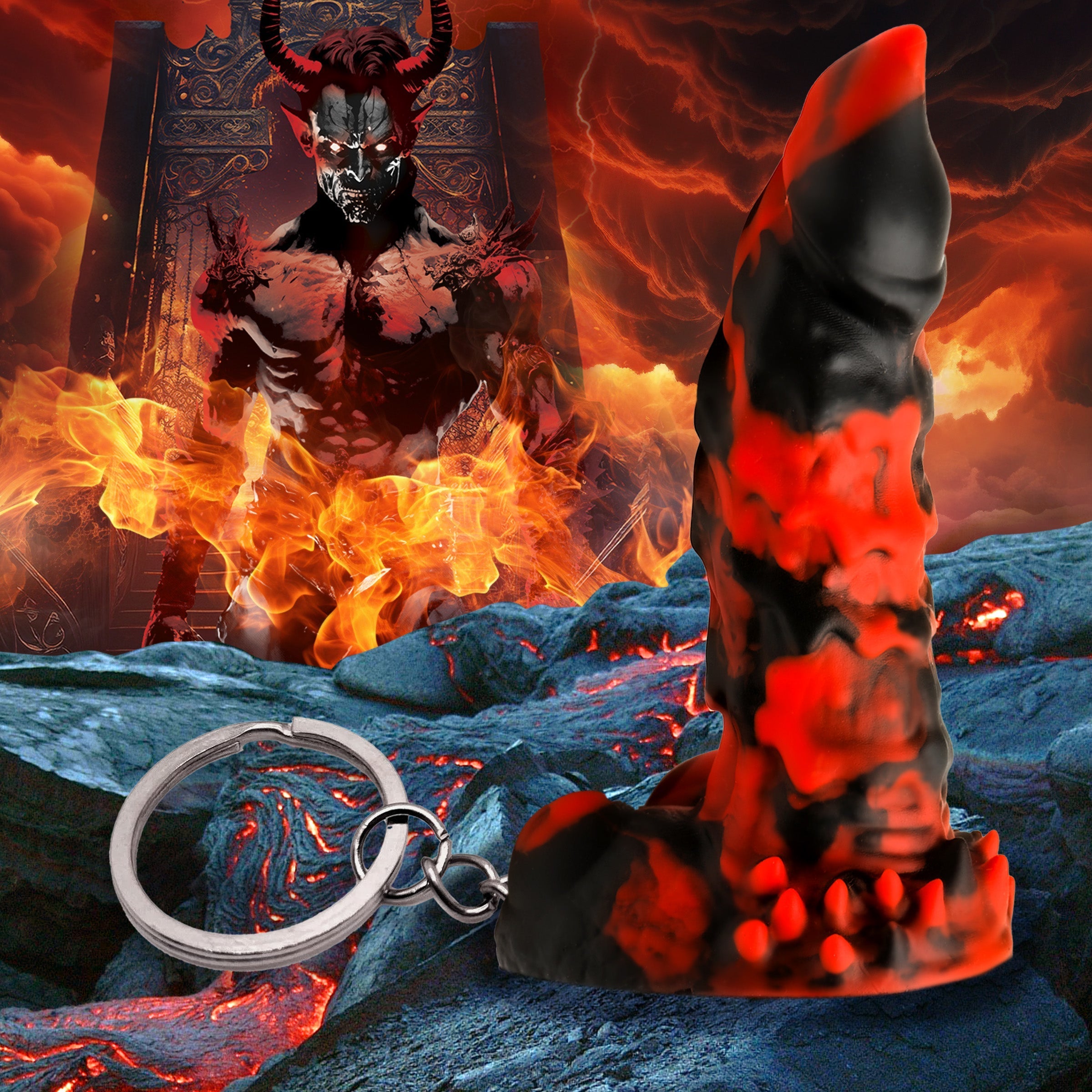 Assortment of Fire Demon-themed keychains and merchandise