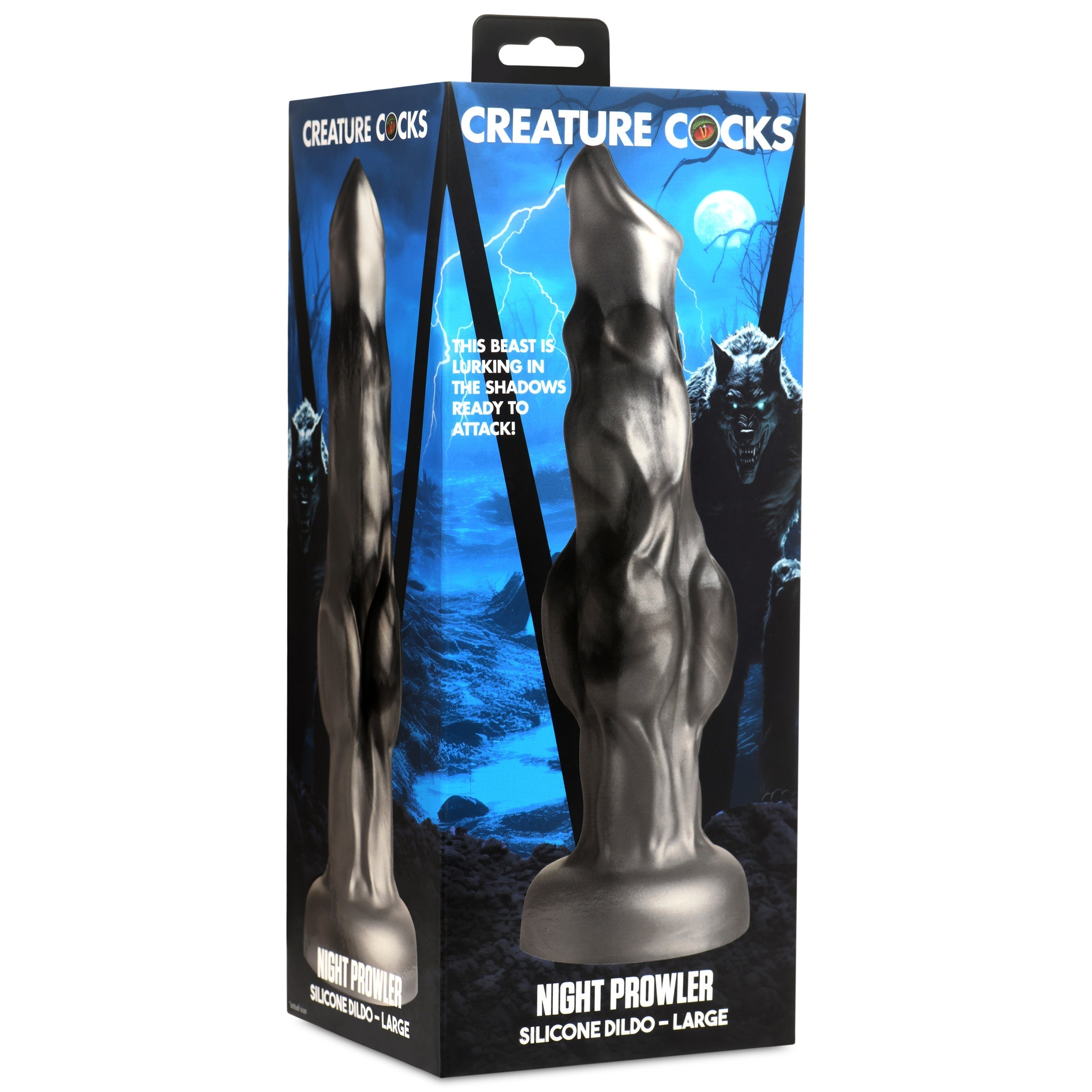 Large Night Prowler Silicone Dildo in black and silver