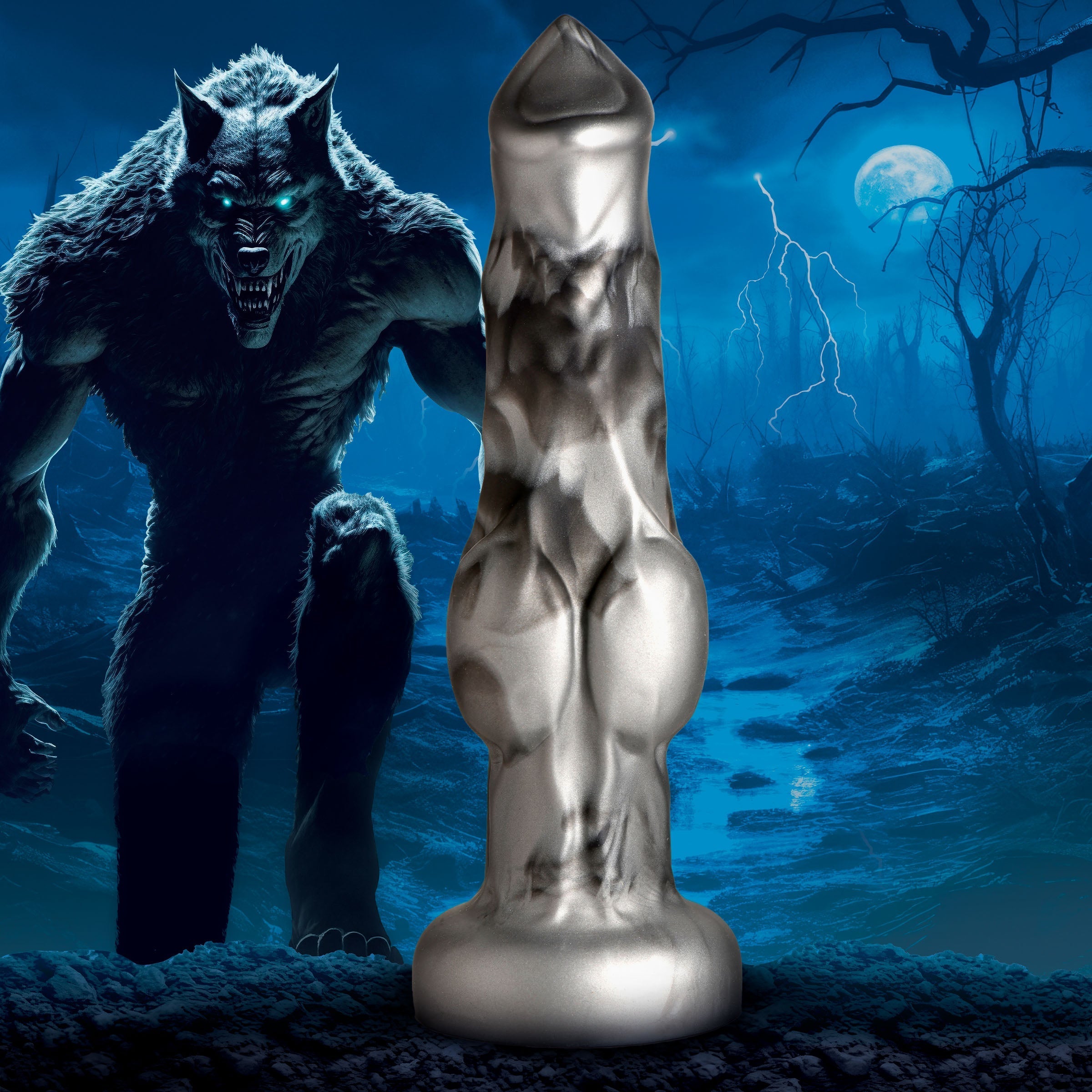 Silver-colored Night Prowler Silicone Dildo with werewolf design