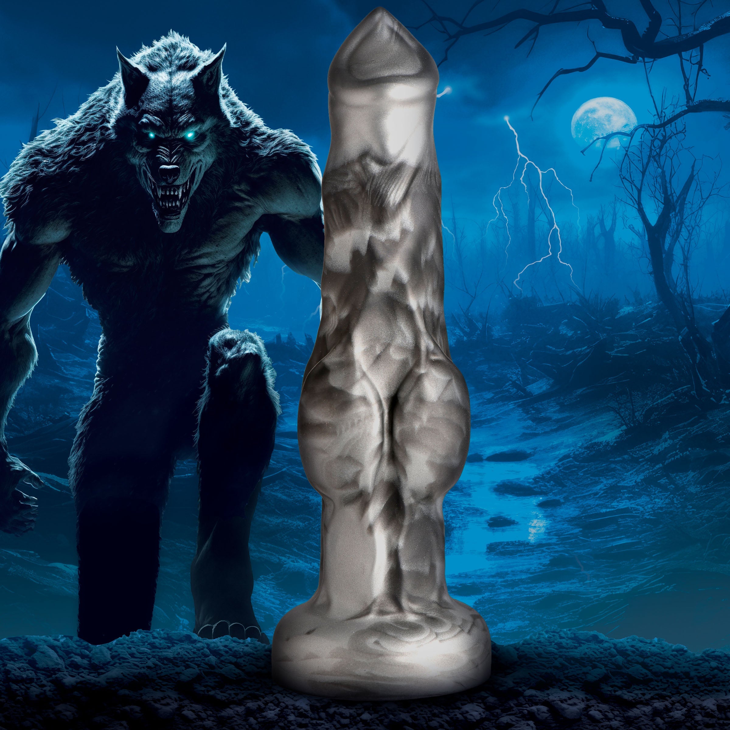 Artistic representation of the Night Prowler Silicone Dildo with a full moon background