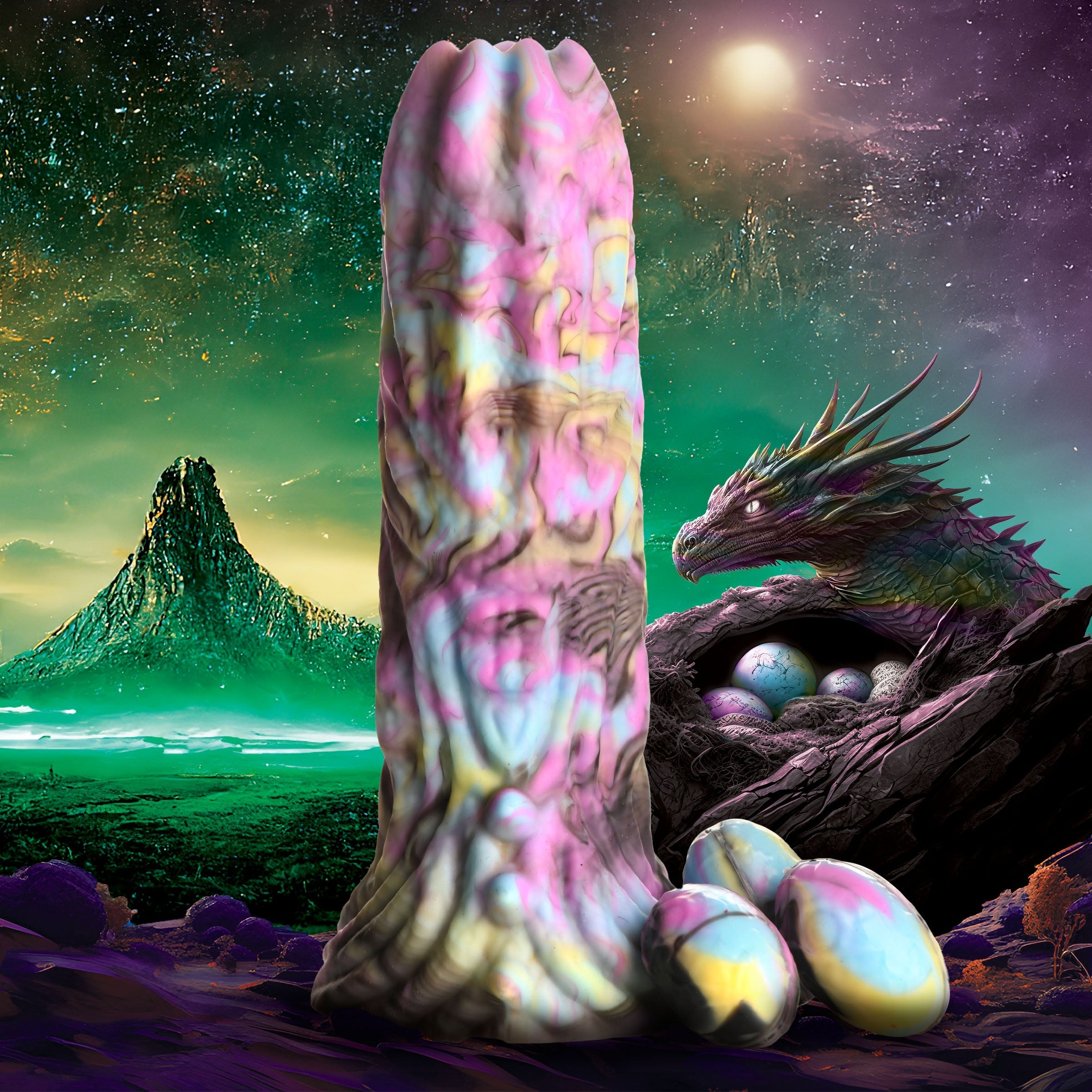 Silicone dildo with a dragon design and included egg-shaped accessories