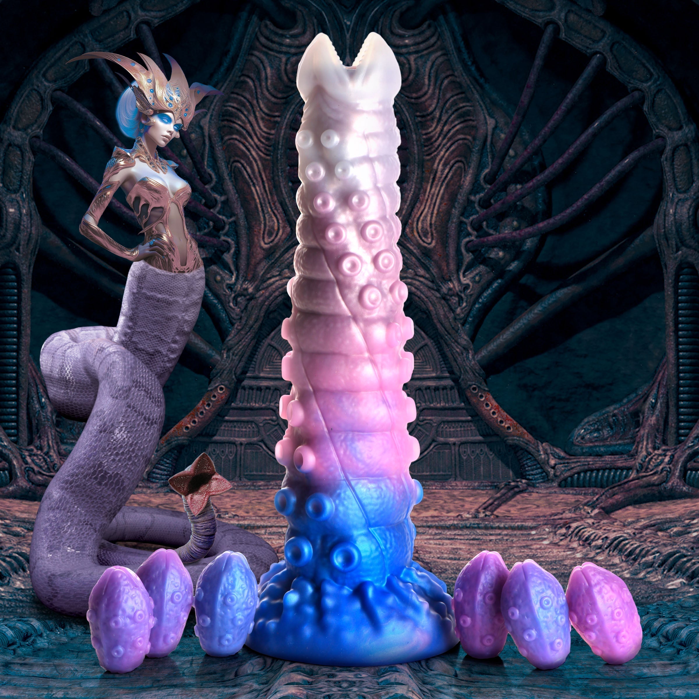 Detailed view of Tenta-queen Ovipositor Silicone Dildo's texture