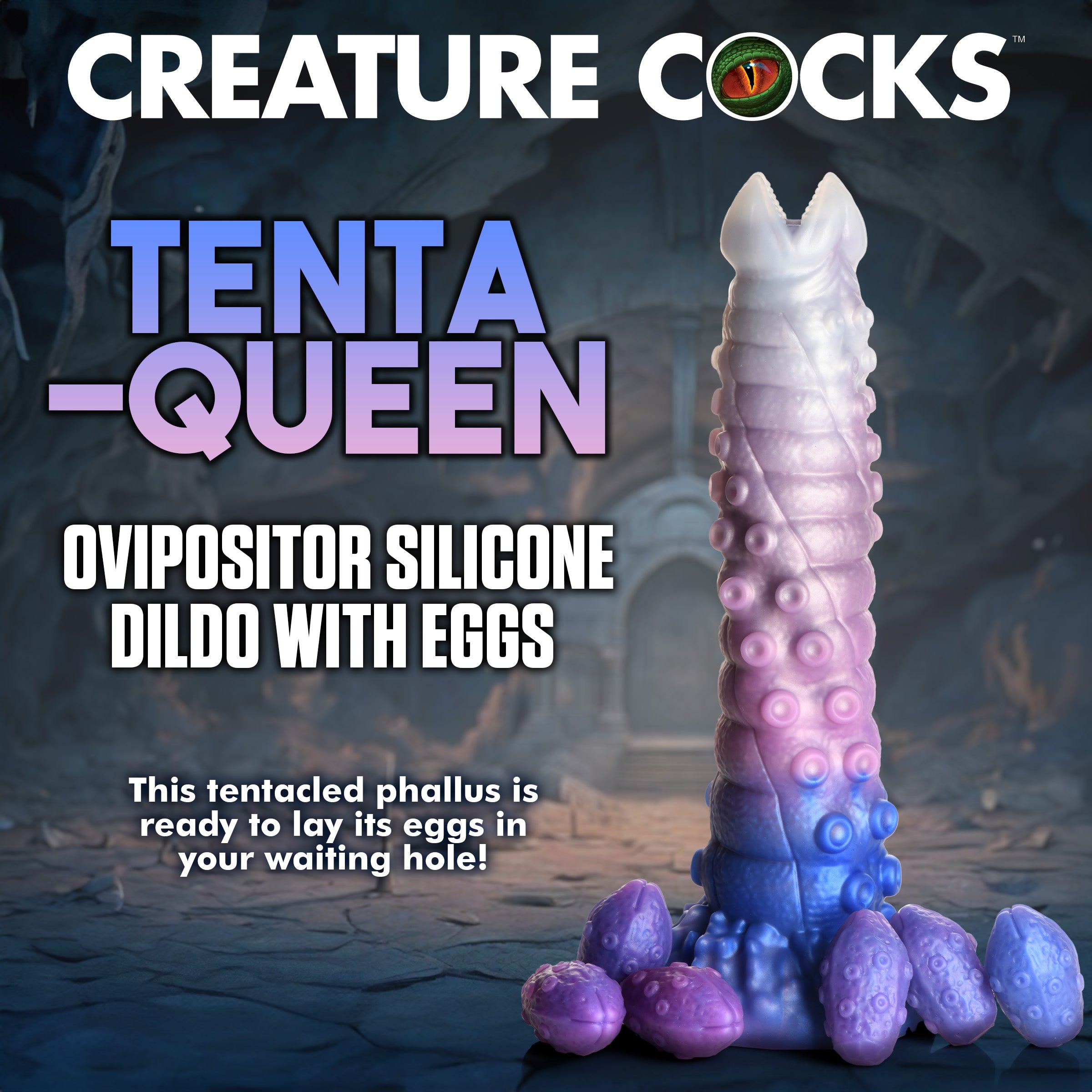 Tenta-queen Ovipositor Silicone Dildo with eggs displayed on a surface