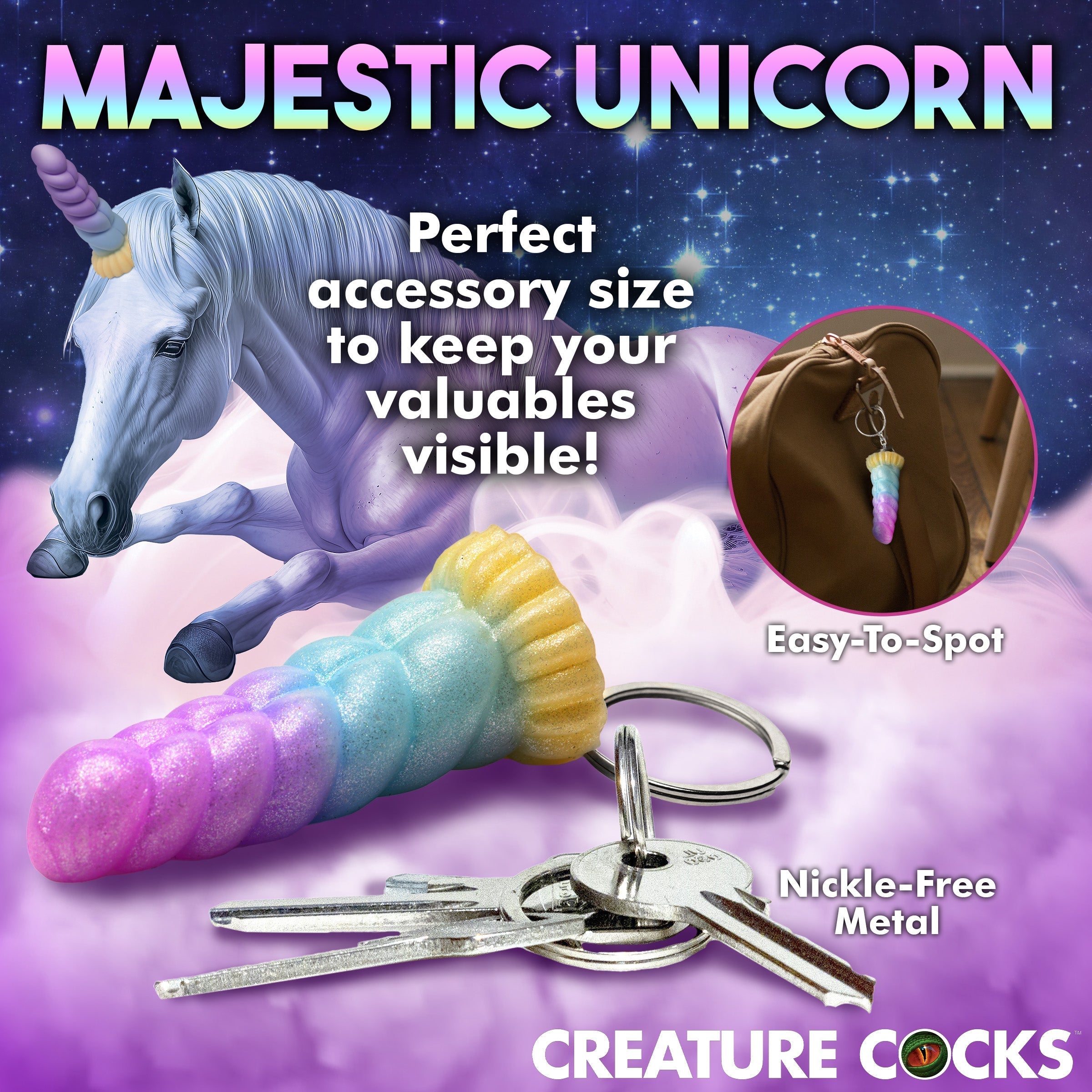 Detailed Unicorn Dildo Keychain with Key and Keyring Display