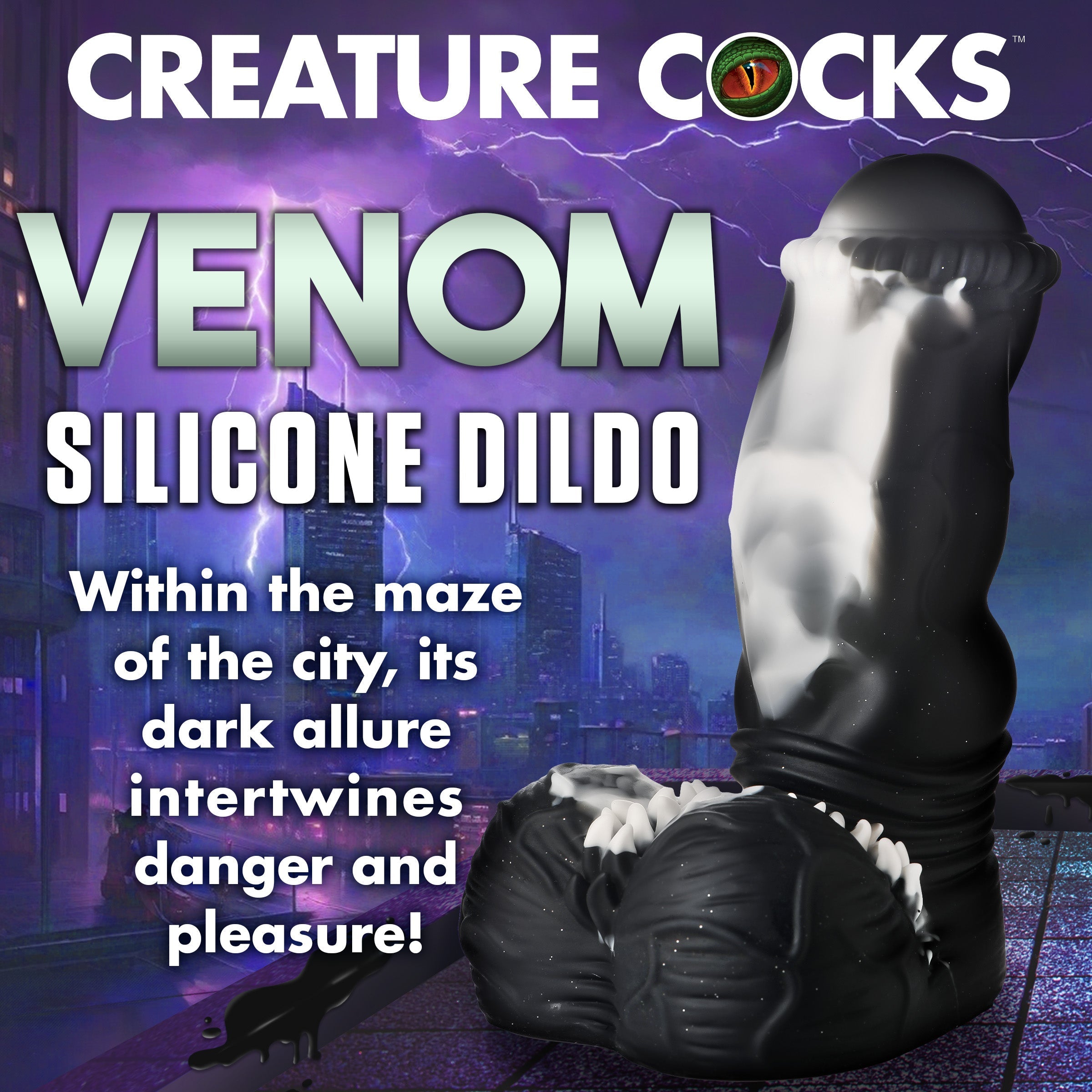 Black silicone dildo labeled 'Venom' on the side