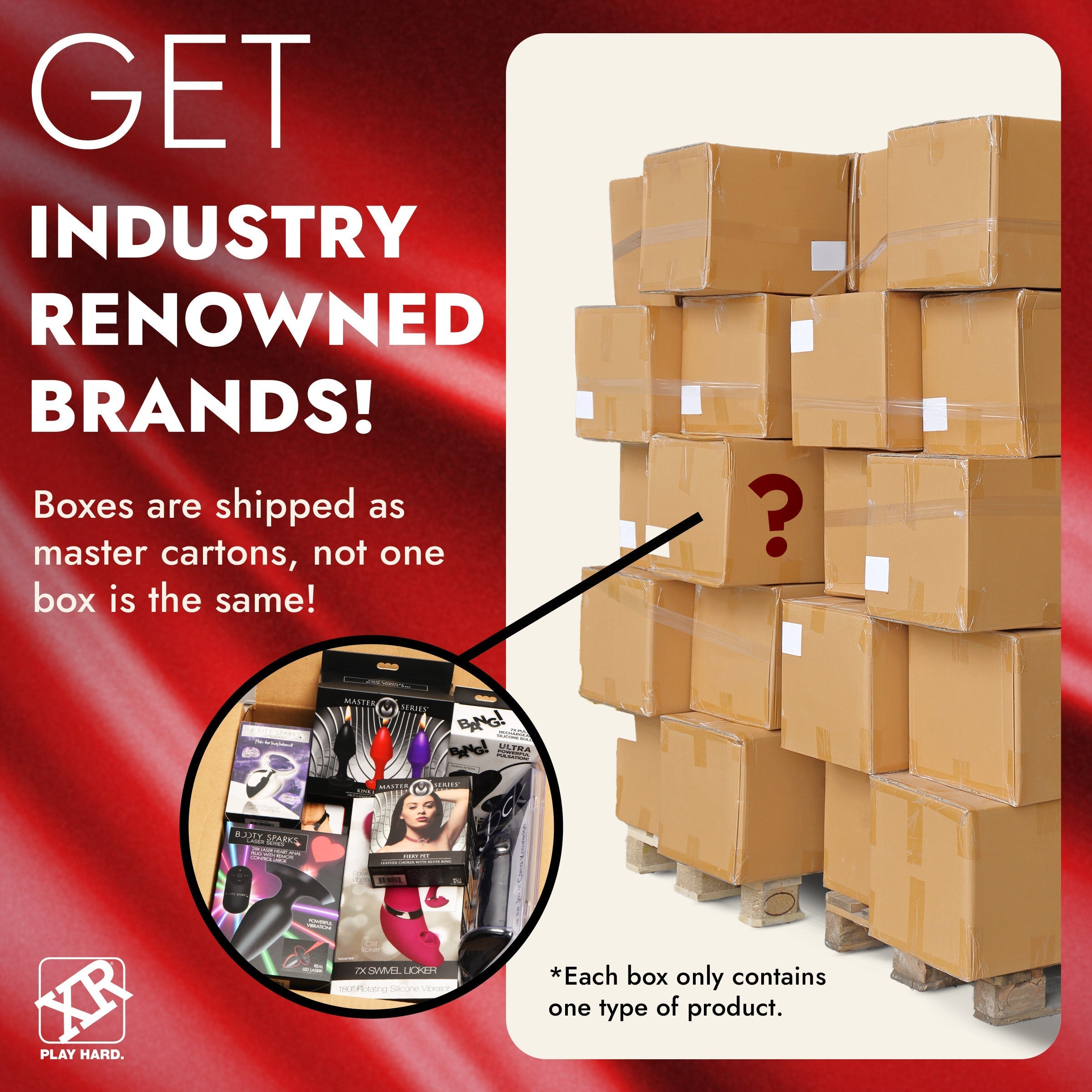 Advertisement for Sex Toys Mystery Pallet featuring assorted boxes from top brands