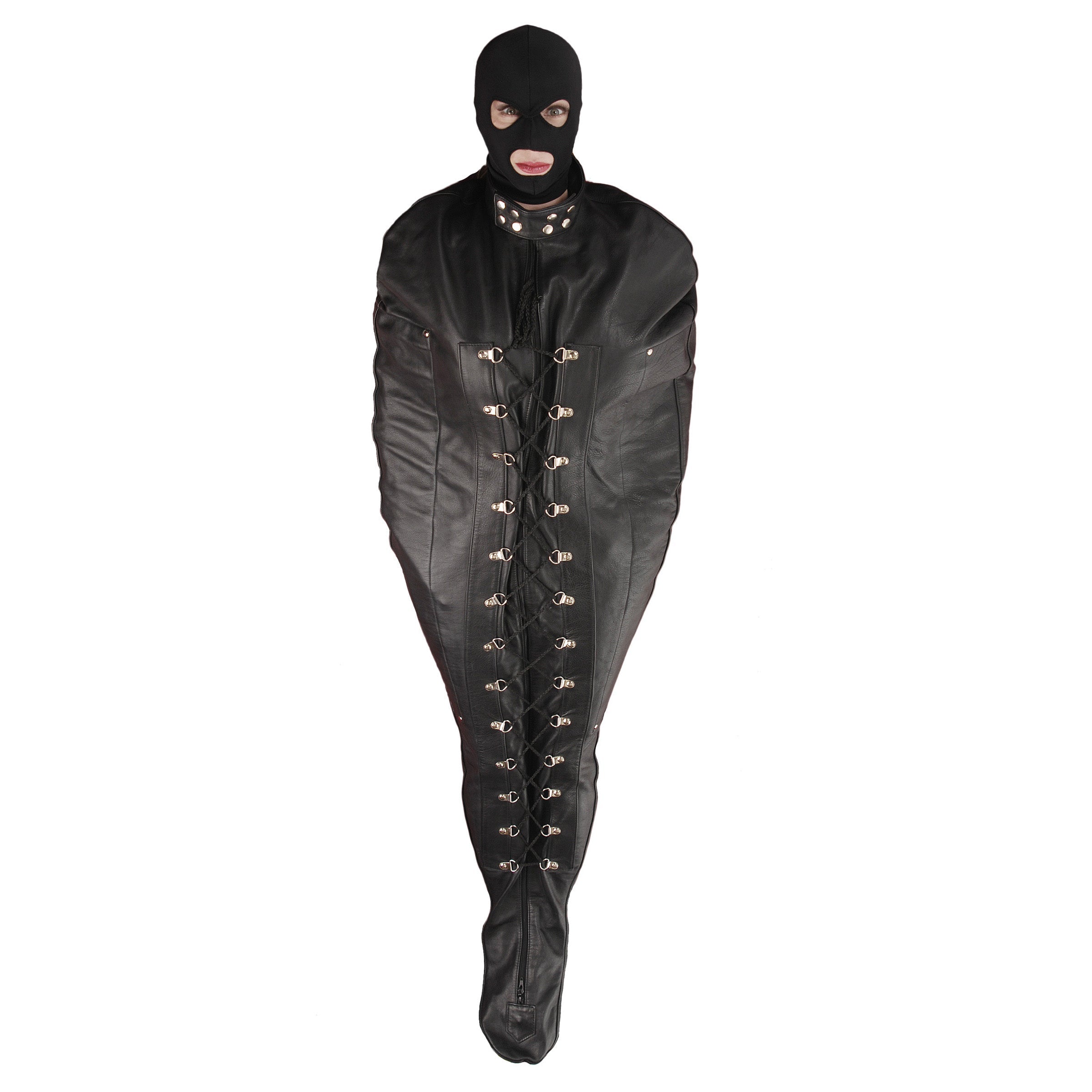 Premium Leather Sleep Sack with head covering feature shown on a model