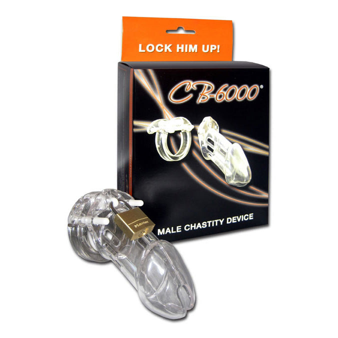 Clear plastic male chastity device with metal lock mechanism