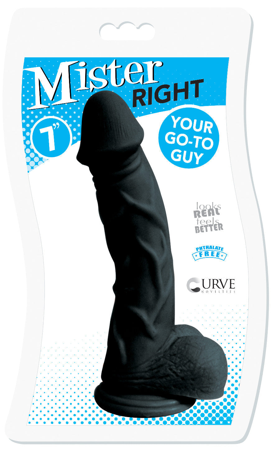 Packaging of the 7 Inch Mister Right Black Dildo