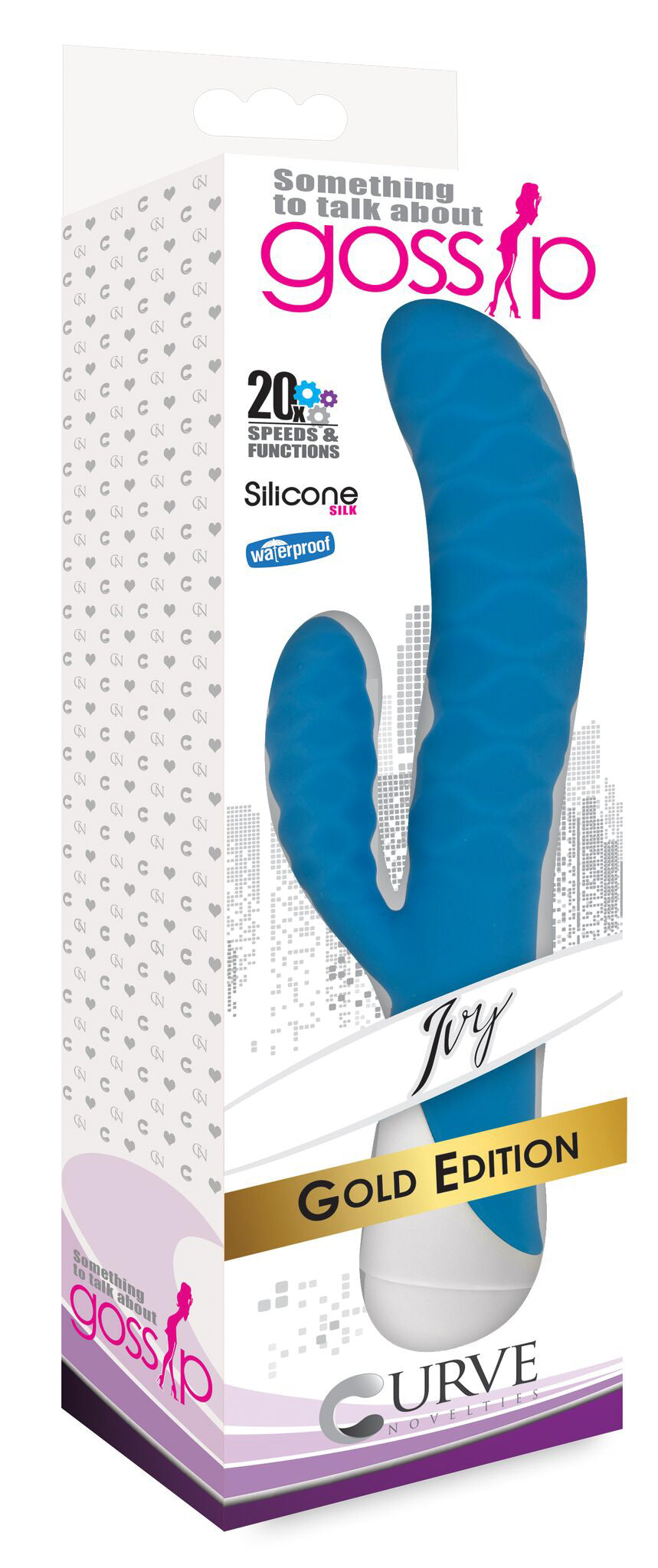 Ivy 20x Wavy Silicone Rabbit Vibe in its packaging, featuring a blue and white design