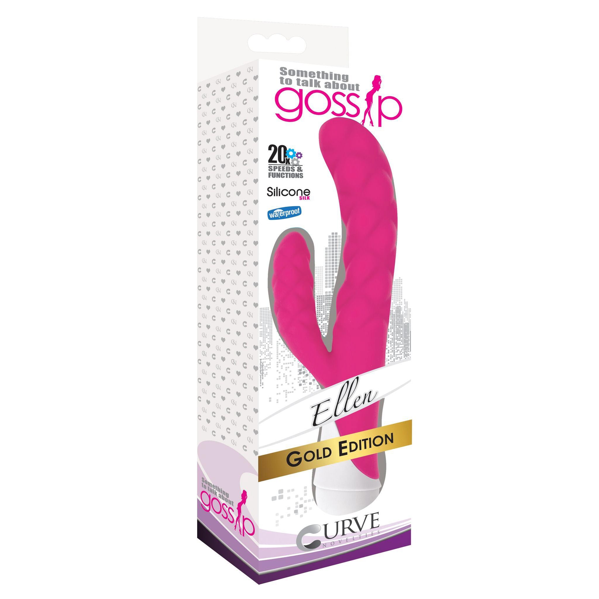 Packaging of the Ellen 20x Silicone Vibrator in pink