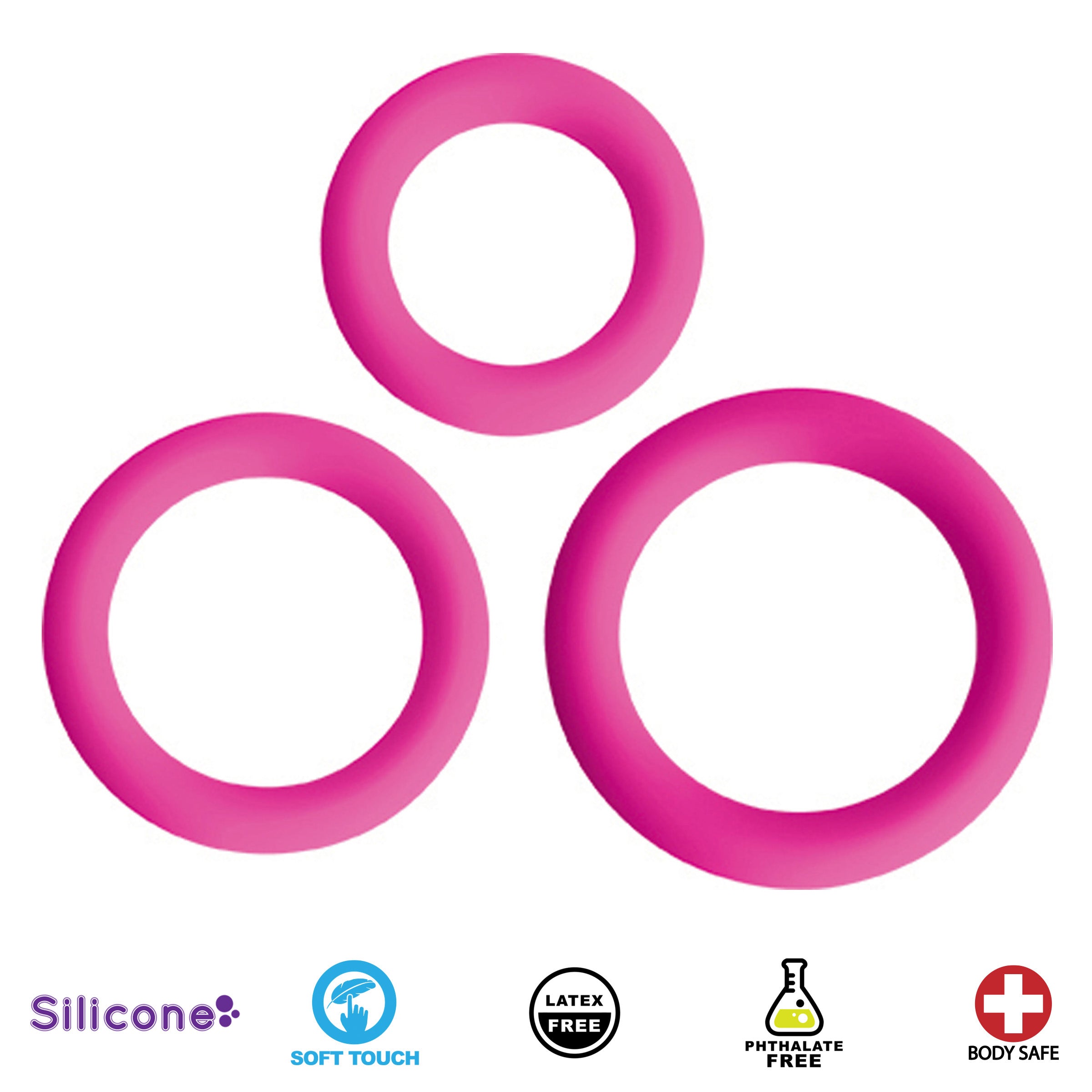 Close-up view of the Love Ring Trio silicone cock rings in pink color