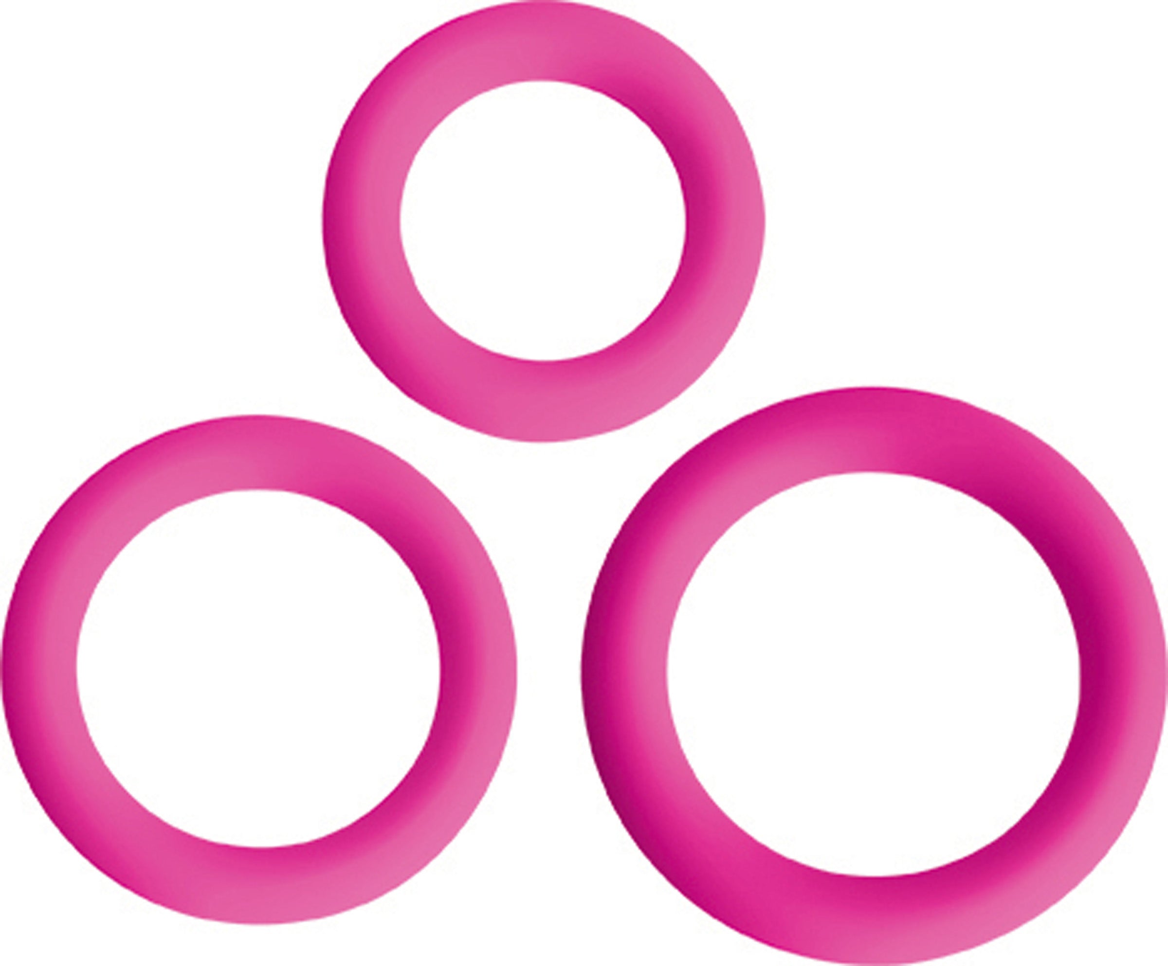 Set of three pink silicone cock rings displayed on a white surface