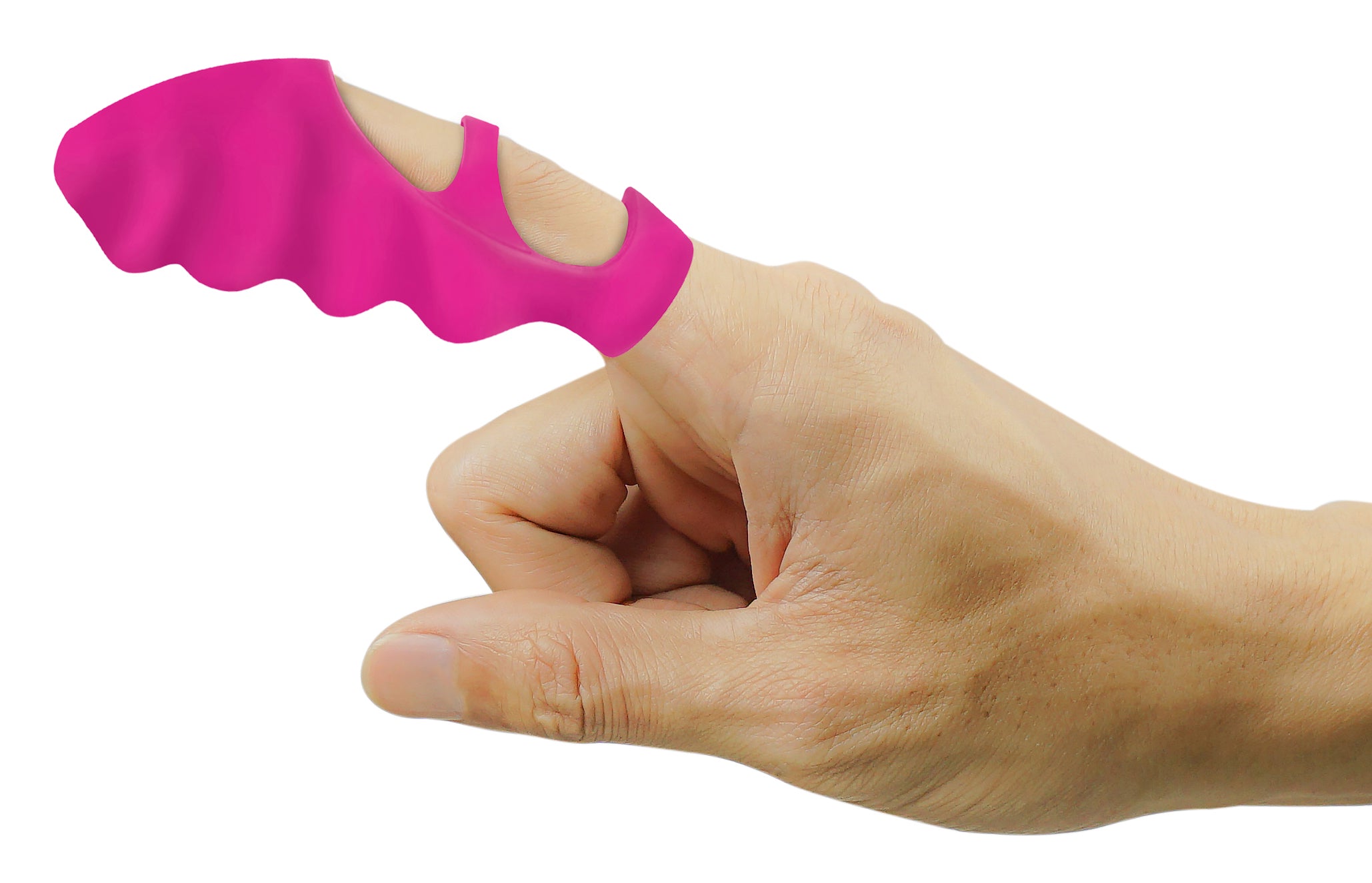 Close-up view of a pink silicone finger vibrator with an ergonomic design