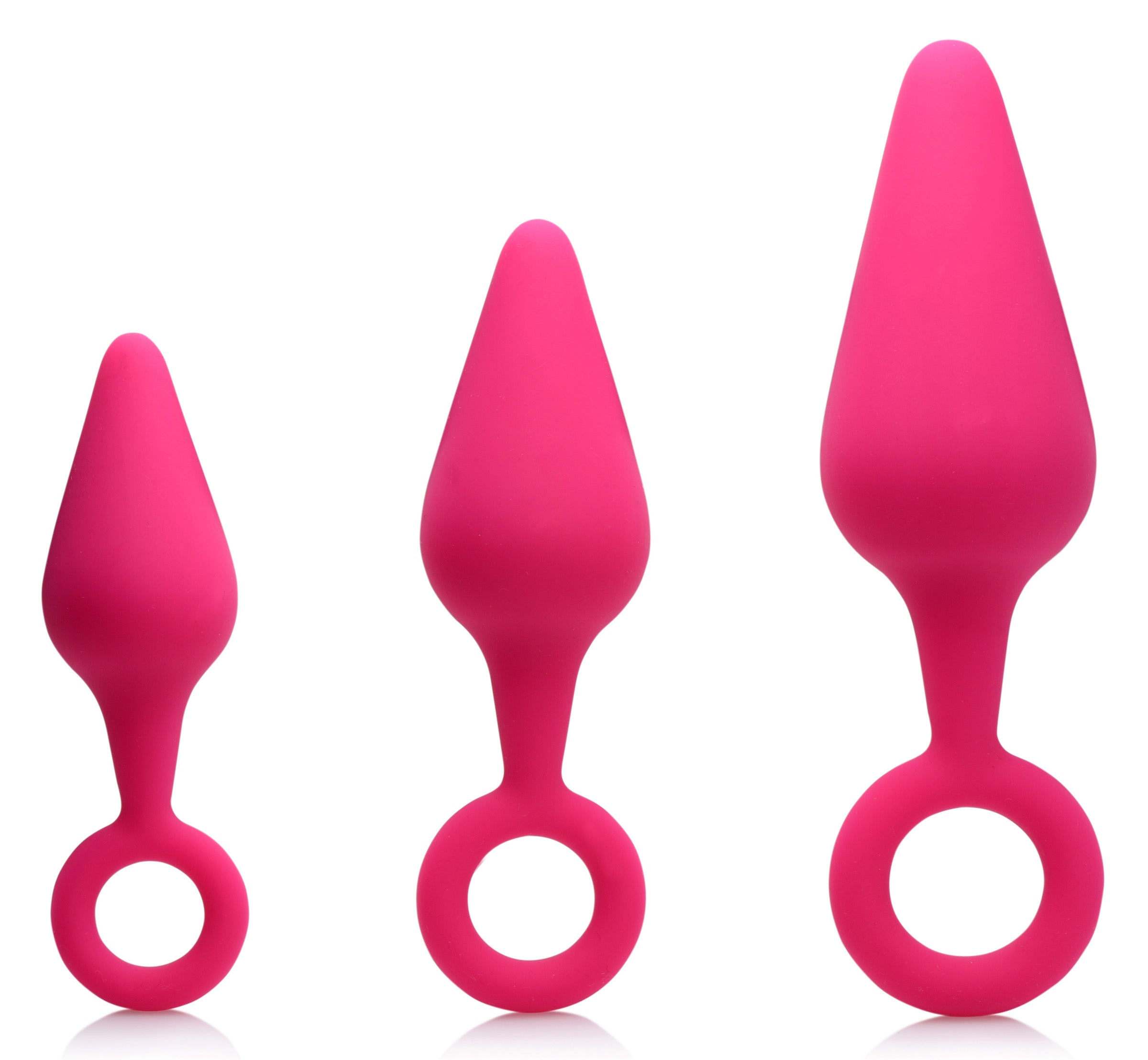 Assortment of three pink Rump Ringers silicone anal plugs with ring pulls for easy use