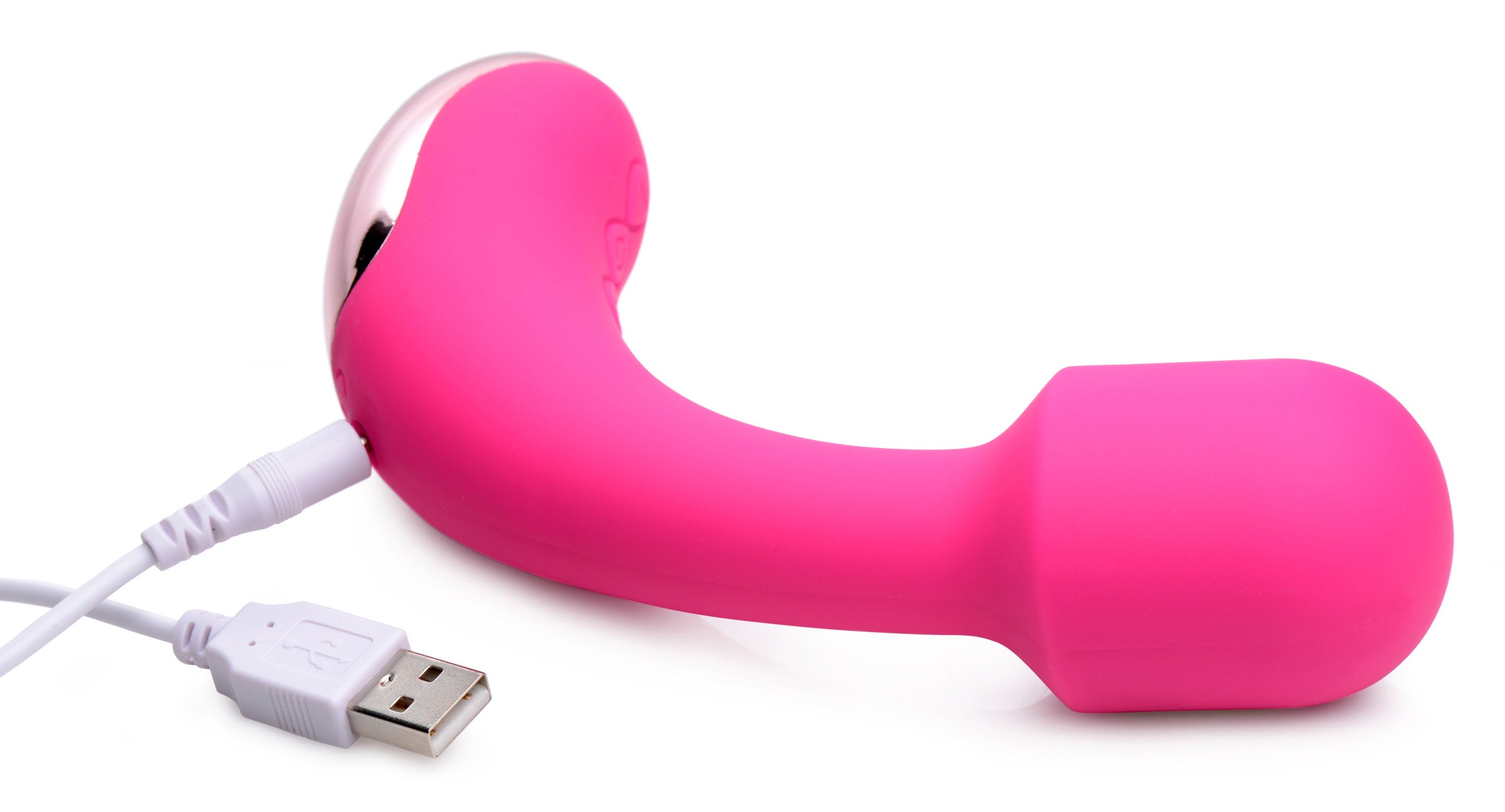 Pink G-spot wand with an attached USB charging cable