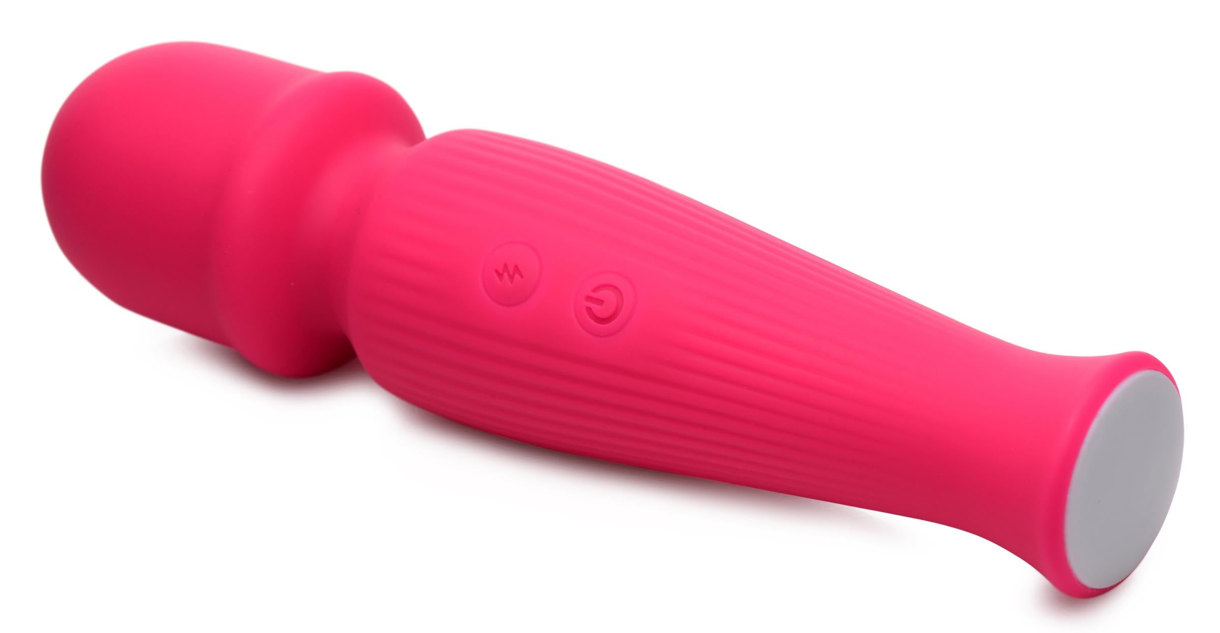 Handheld pink wand massager with a white grip