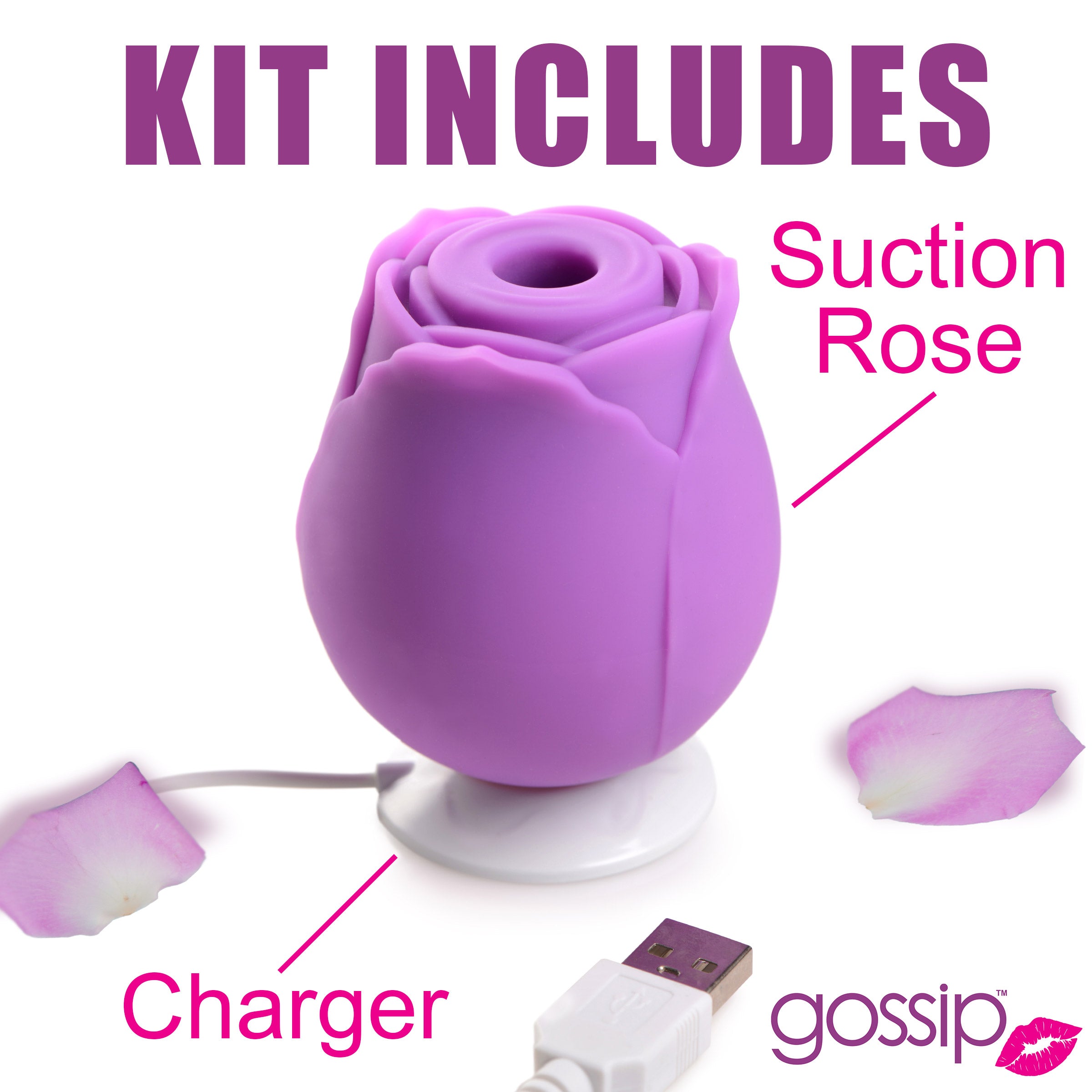 Rose Flirt silicone clitoral stimulator with charging cable and decorative petals