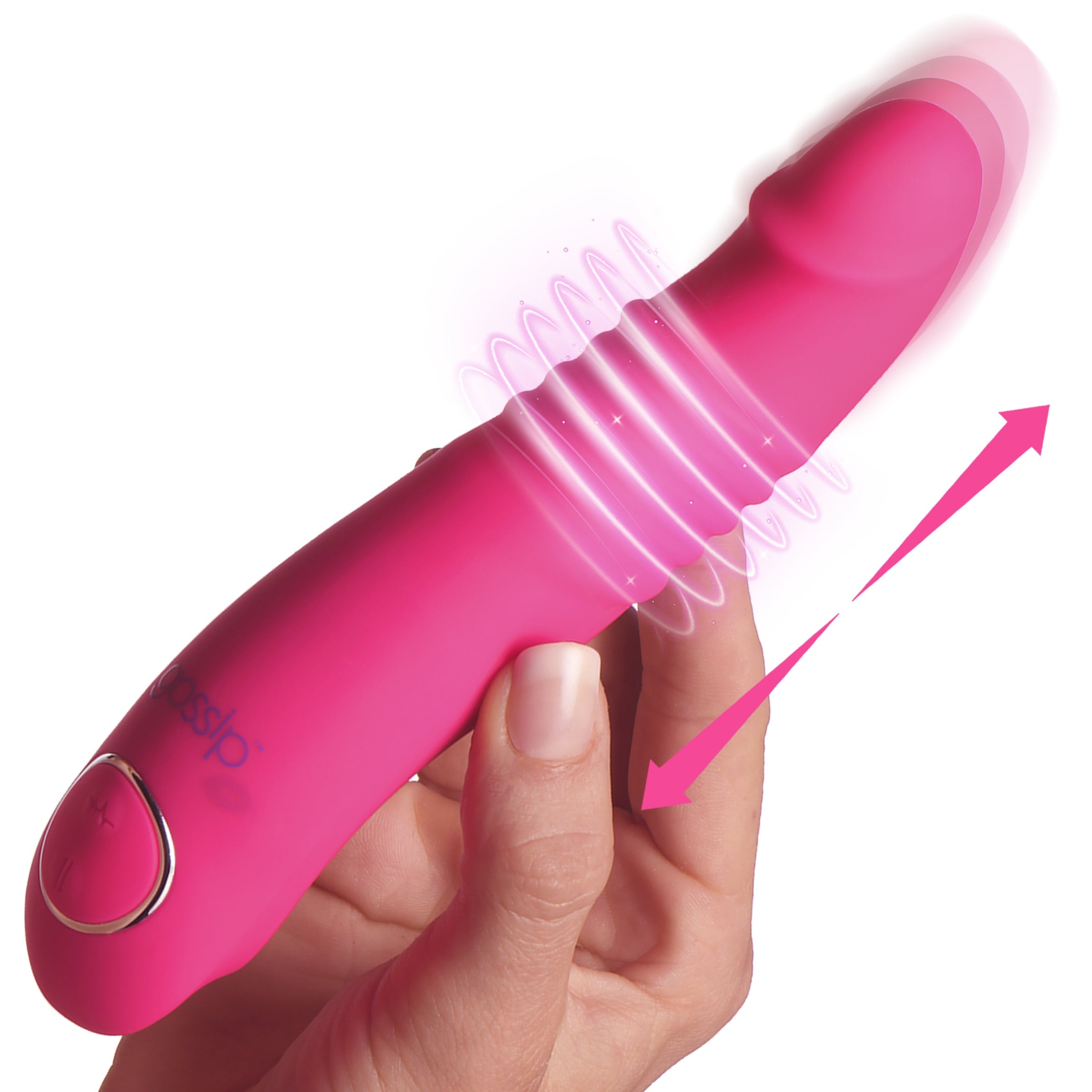 Close-up of a pink Blaster 7x Thrusting Silicone Vibrator in a person's hand