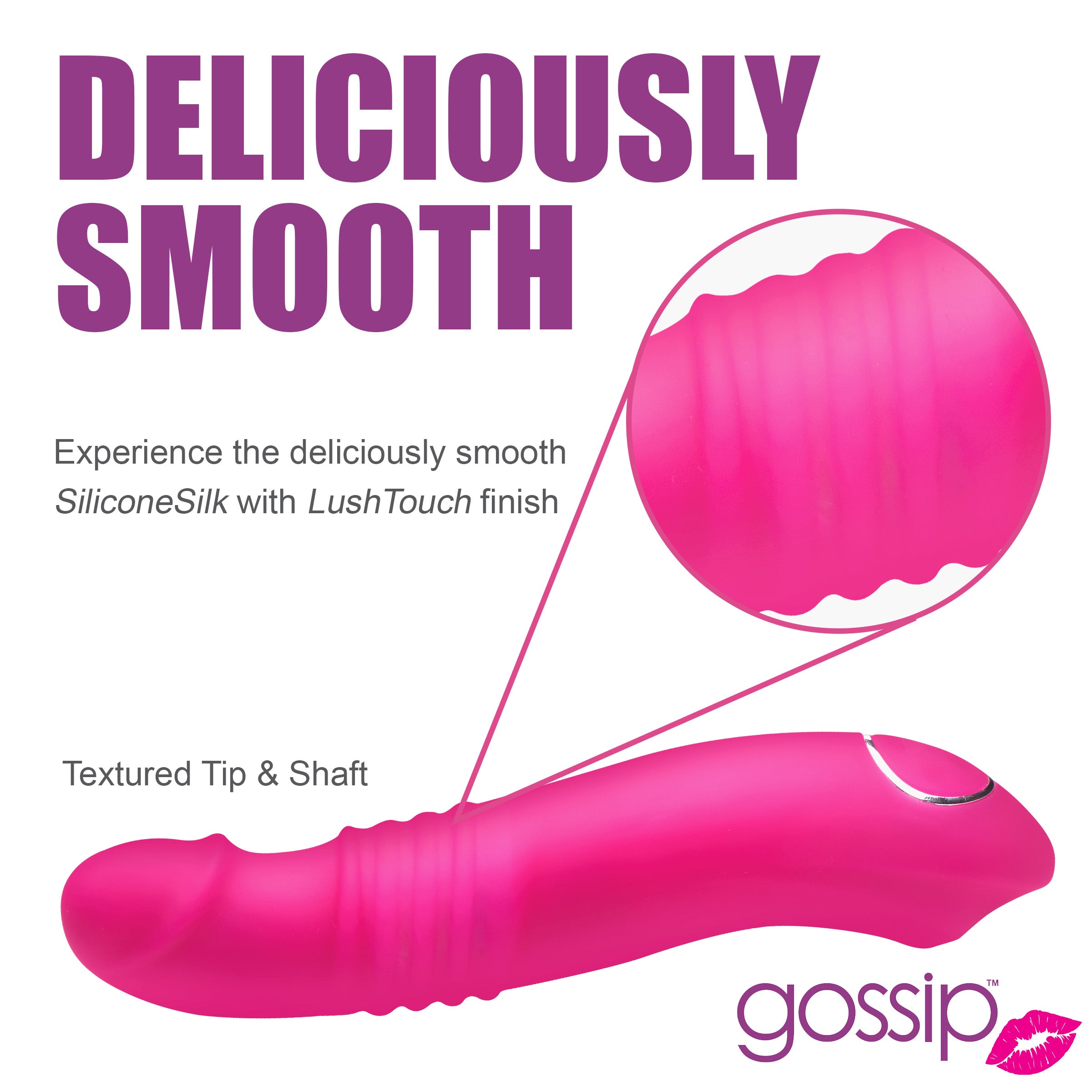 Blaster 7x Thrusting Silicone Vibrator in pink with a focus on the silicone texture