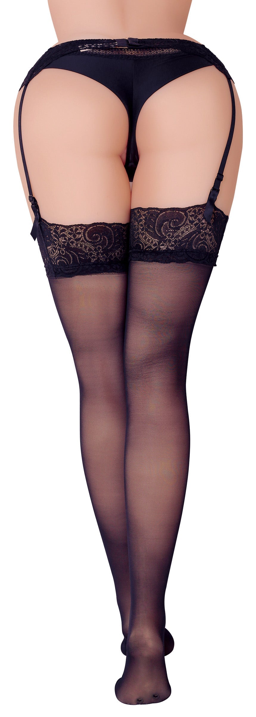 Mannequin legs clad in black hosiery and lace panties demonstrating product's realism