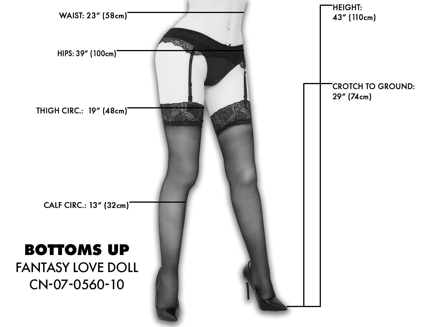 Size chart for 'Bottoms Up Poseable Legs' product detailing leg dimensions