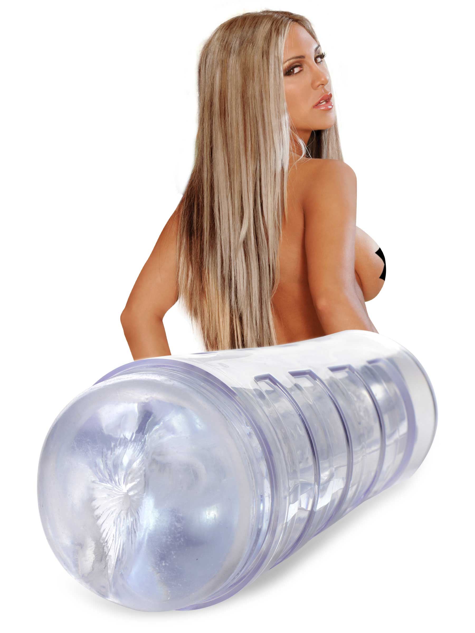 A woman demonstrating the size of the Mistress Brianna Diamond Deluxe Ass Stroker tube