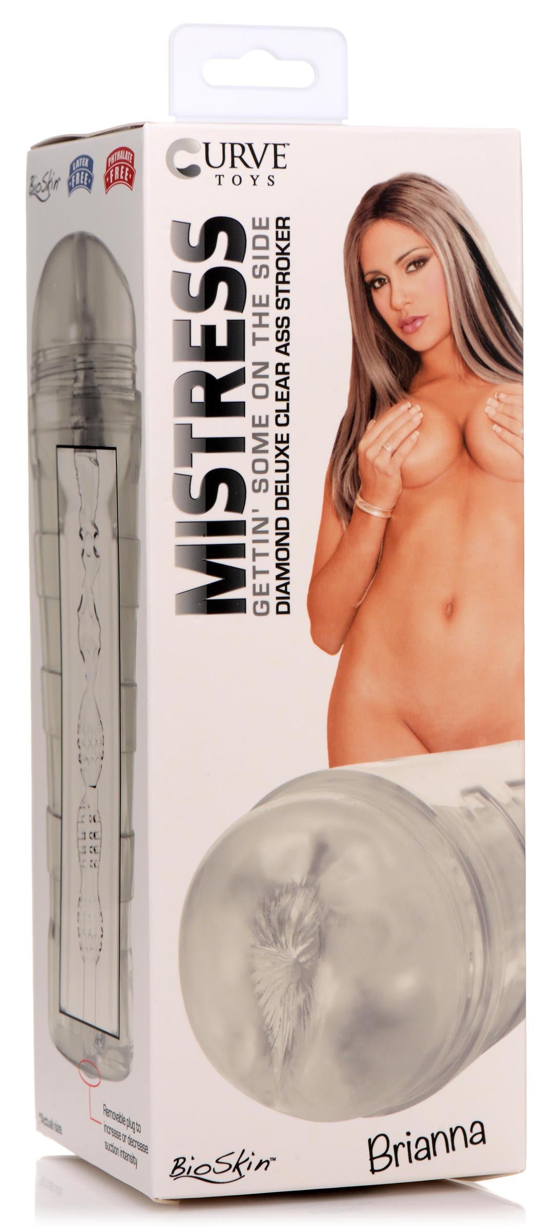 Packaging of the Mistress Brianna Diamond Deluxe Ass Stroker with product information on the box