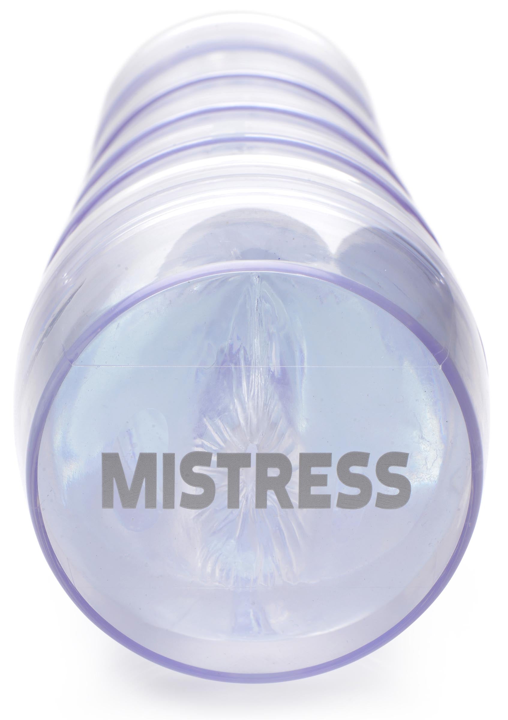 Close-up of the clear plastic container labeled 'Mistress' for the Diamond Deluxe Ass Stroker