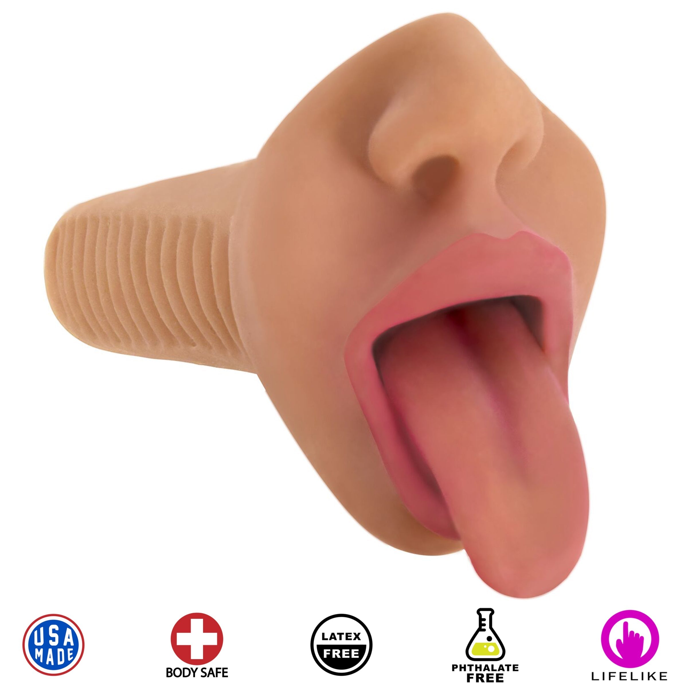 Side angle of the Mistress Selene Vibrating Mouth Stroker highlighting the tongue simulation