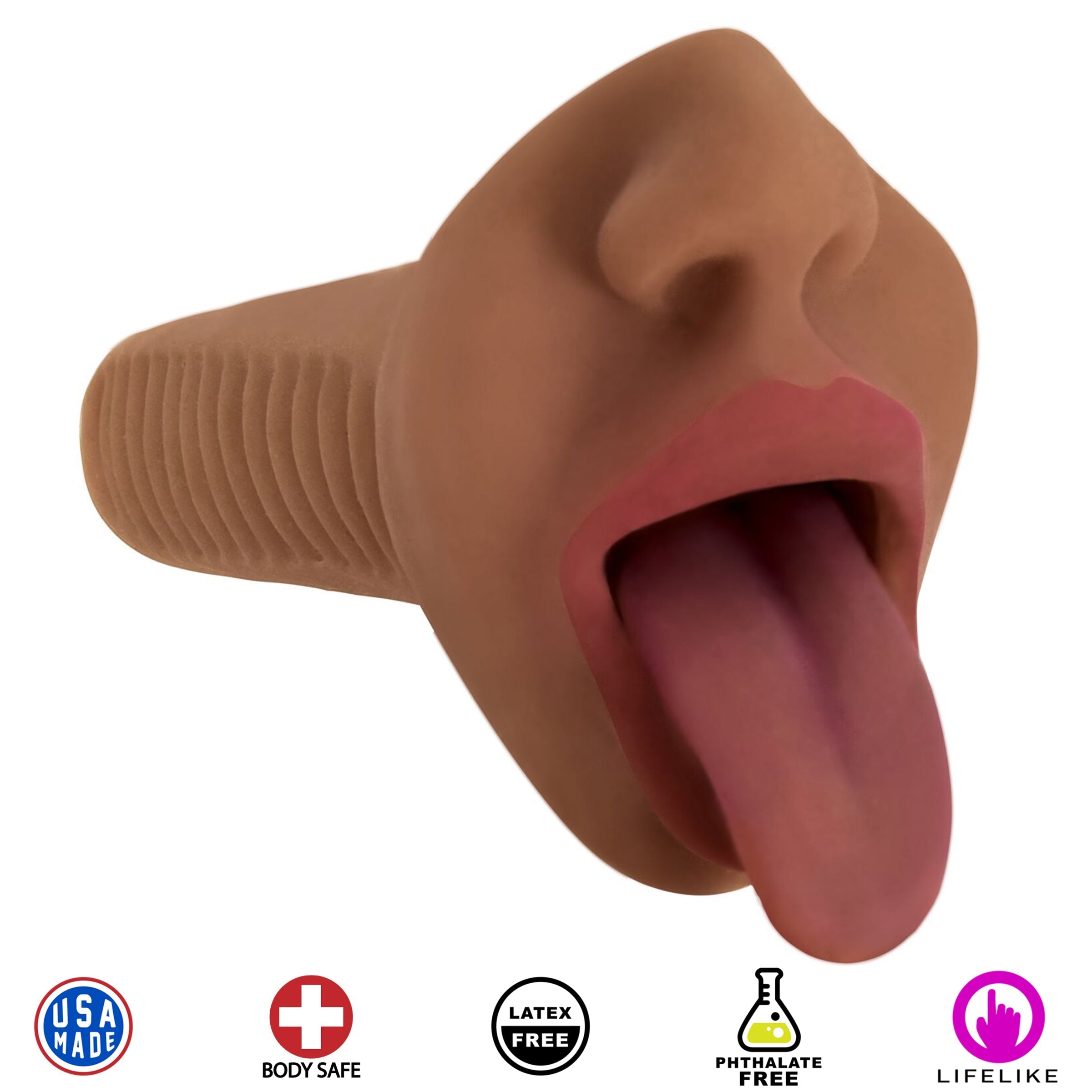 Brown oral simulator sex toy with a protruding tongue feature