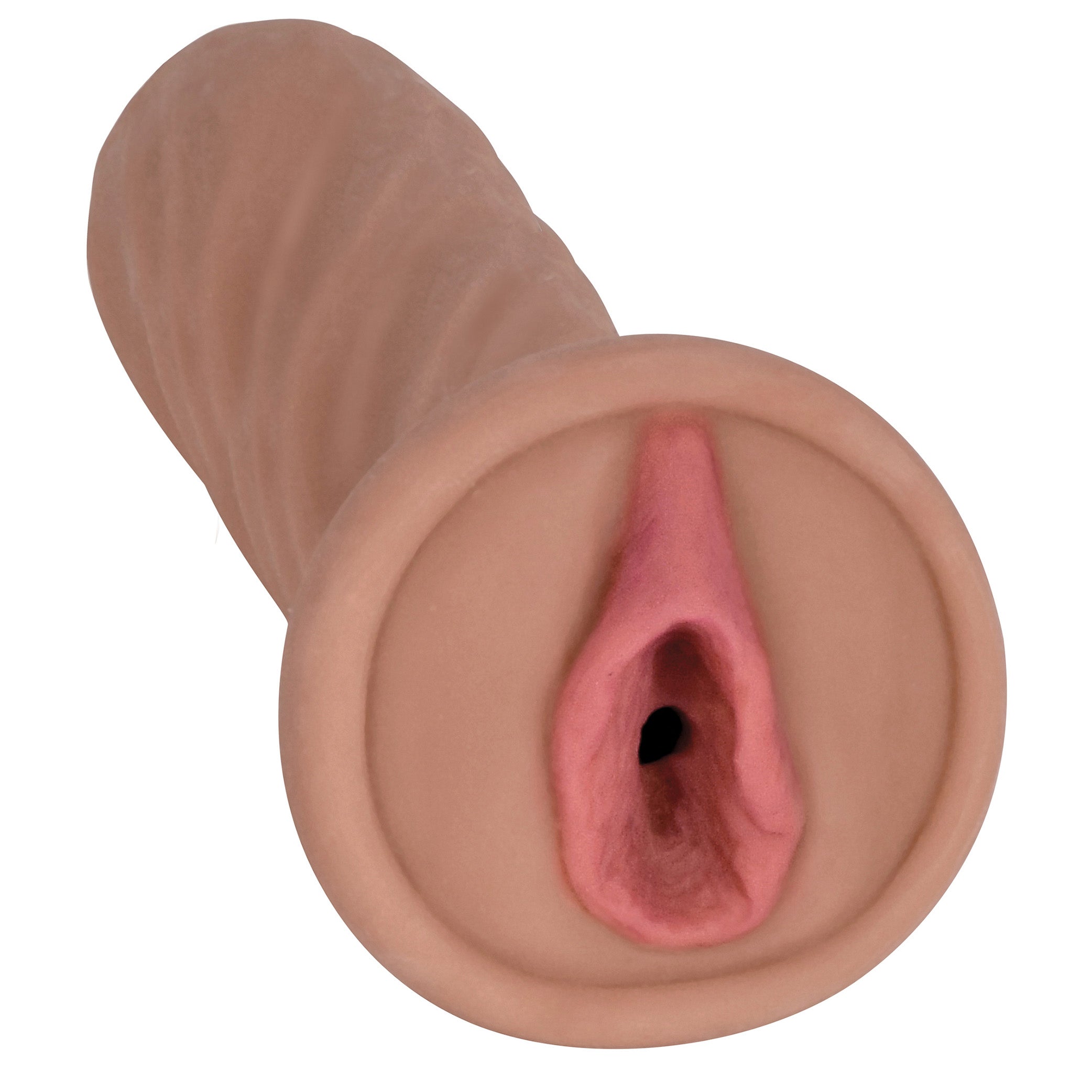 Close-up view of the tan Mistress Brianna Bioskin Vibrating Pussy Stroker with textured interior