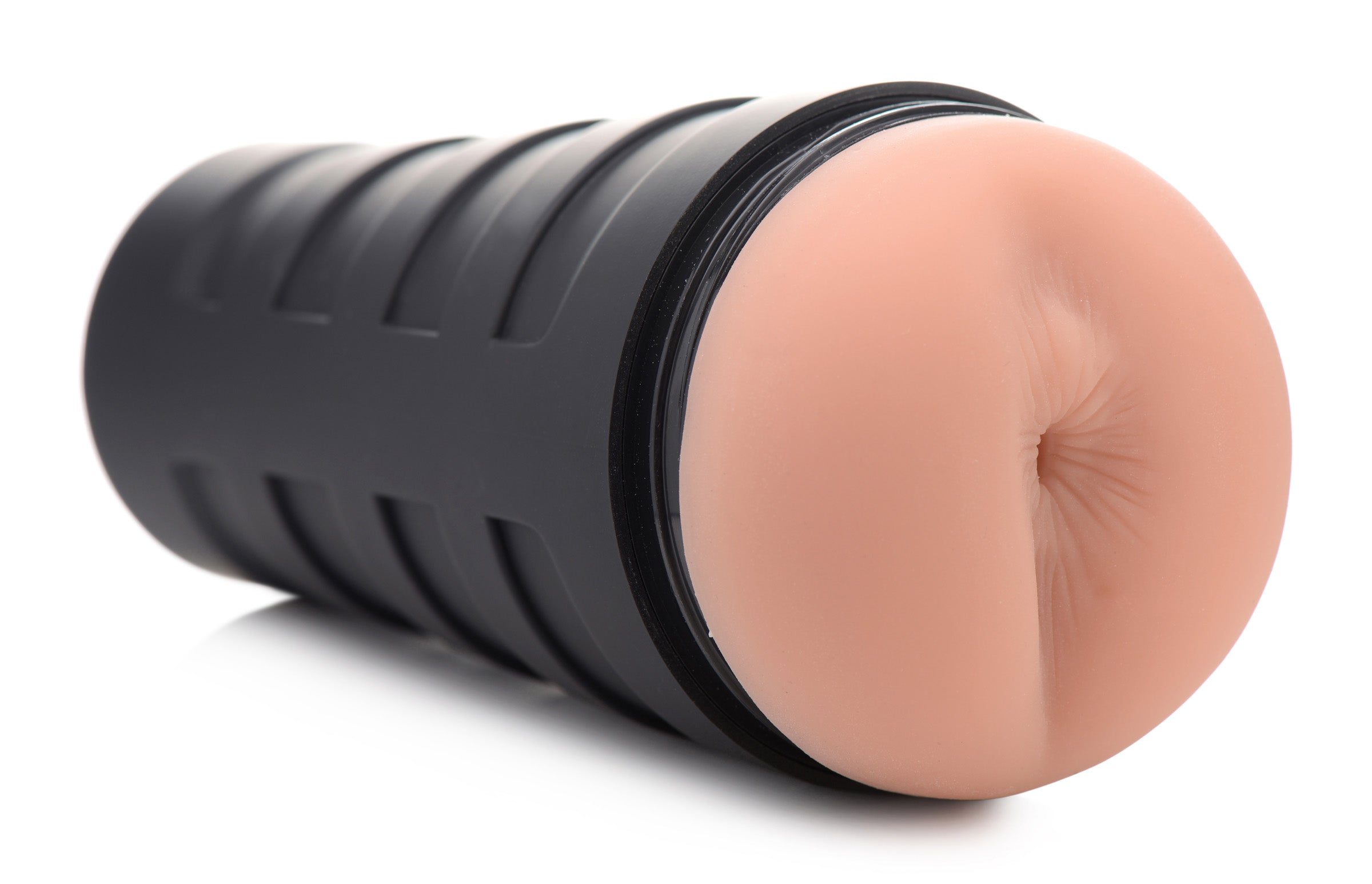 Side view of the Tia Deluxe Ass Stroker showing the pink interior and black exterior