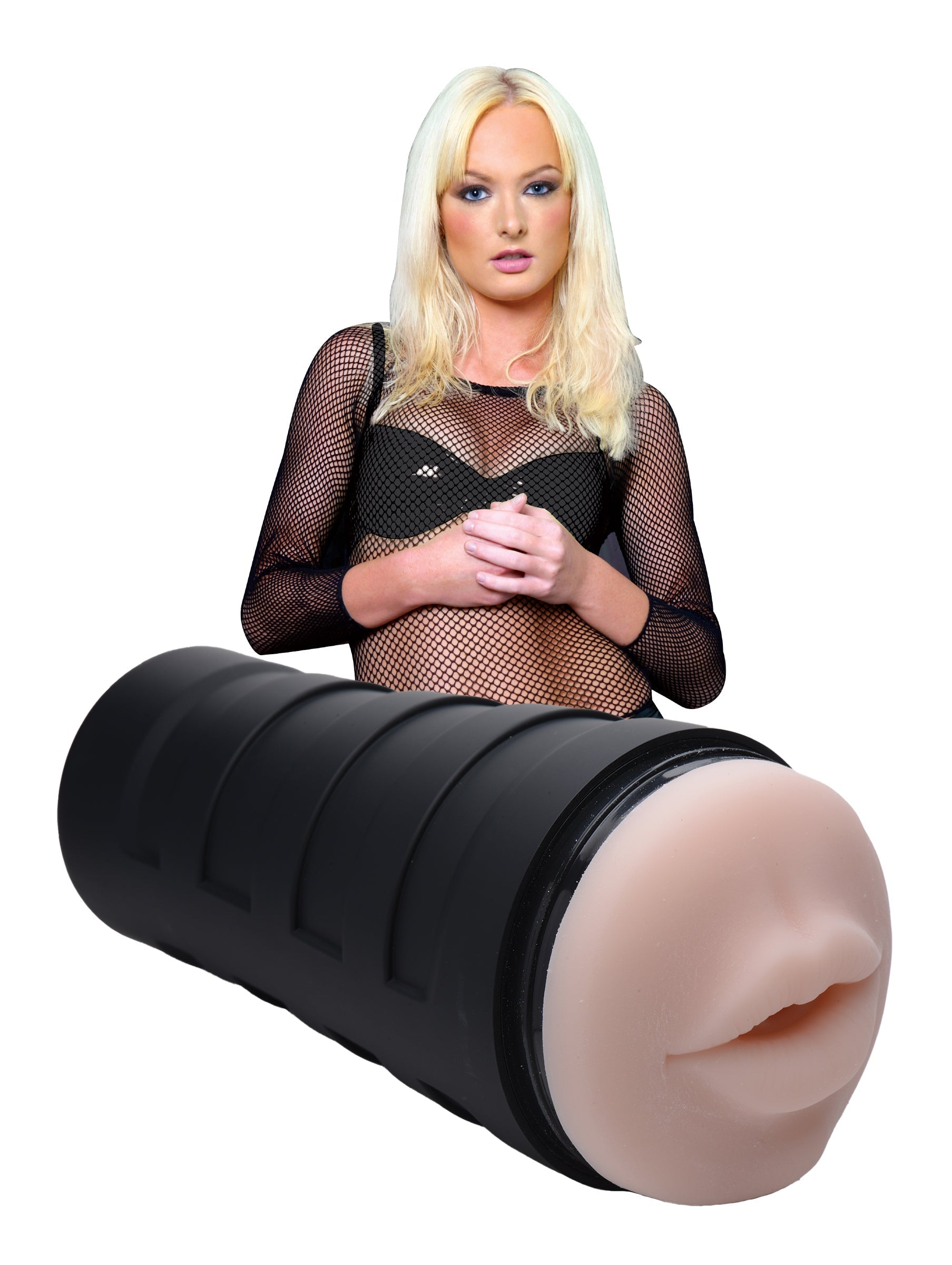 Lifestyle shot of the Dani Deluxe Mouth Stroker held by a person in suggestive attire