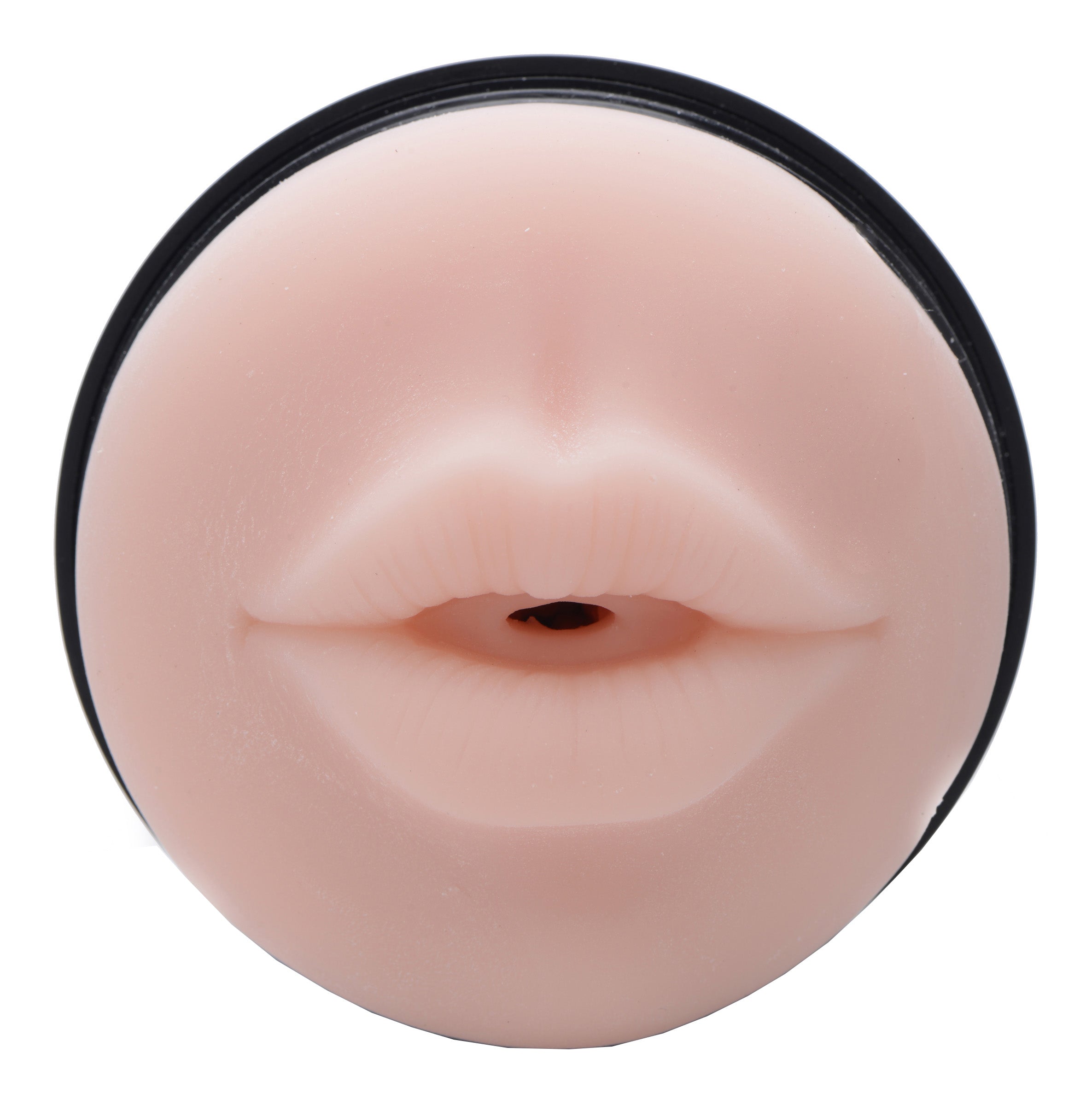 Close-up of the light-colored realistic lip entrance of the mouth stroker